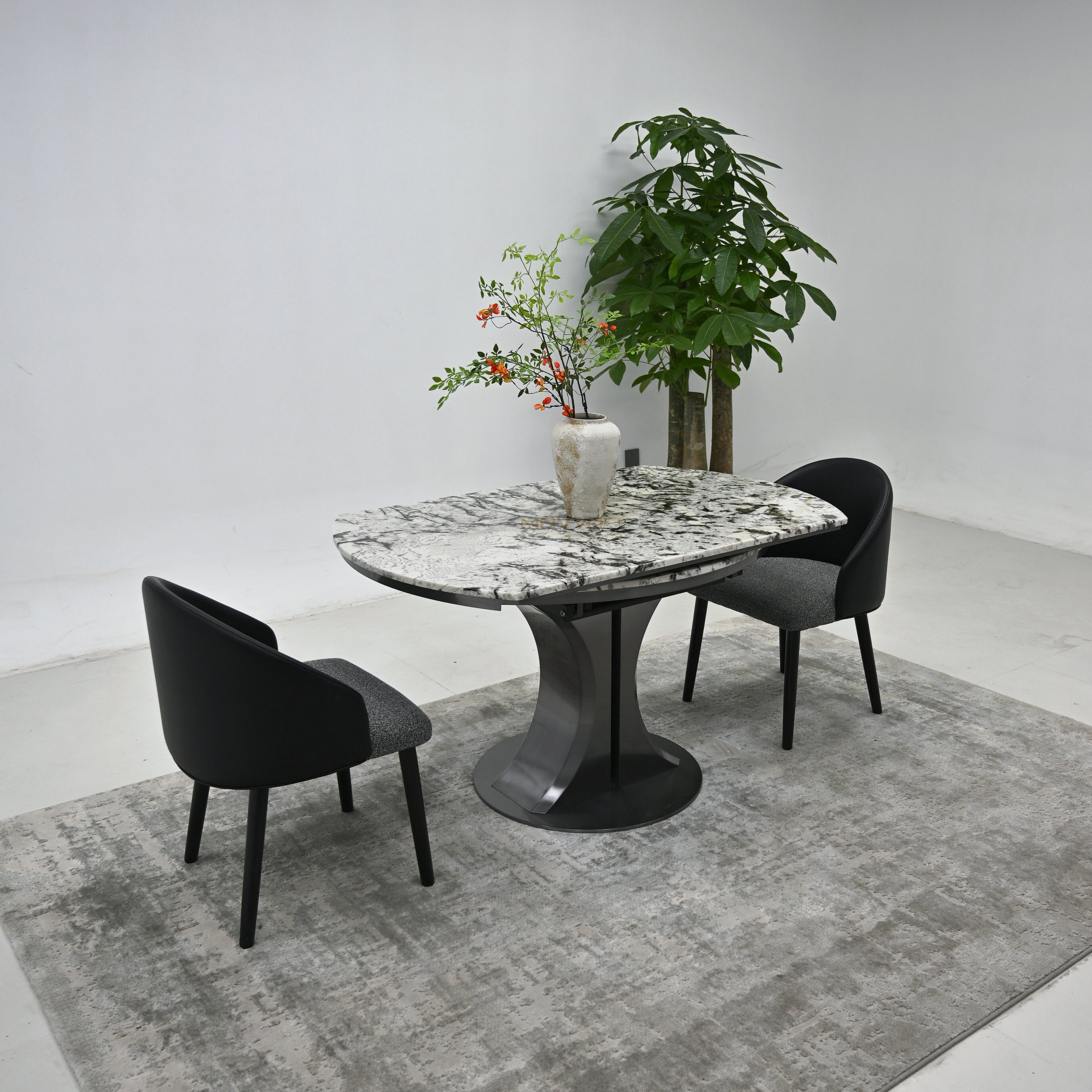 Cloud Vein Luxury Stone Folding Round Table with Sculpted Stainless Steel Base