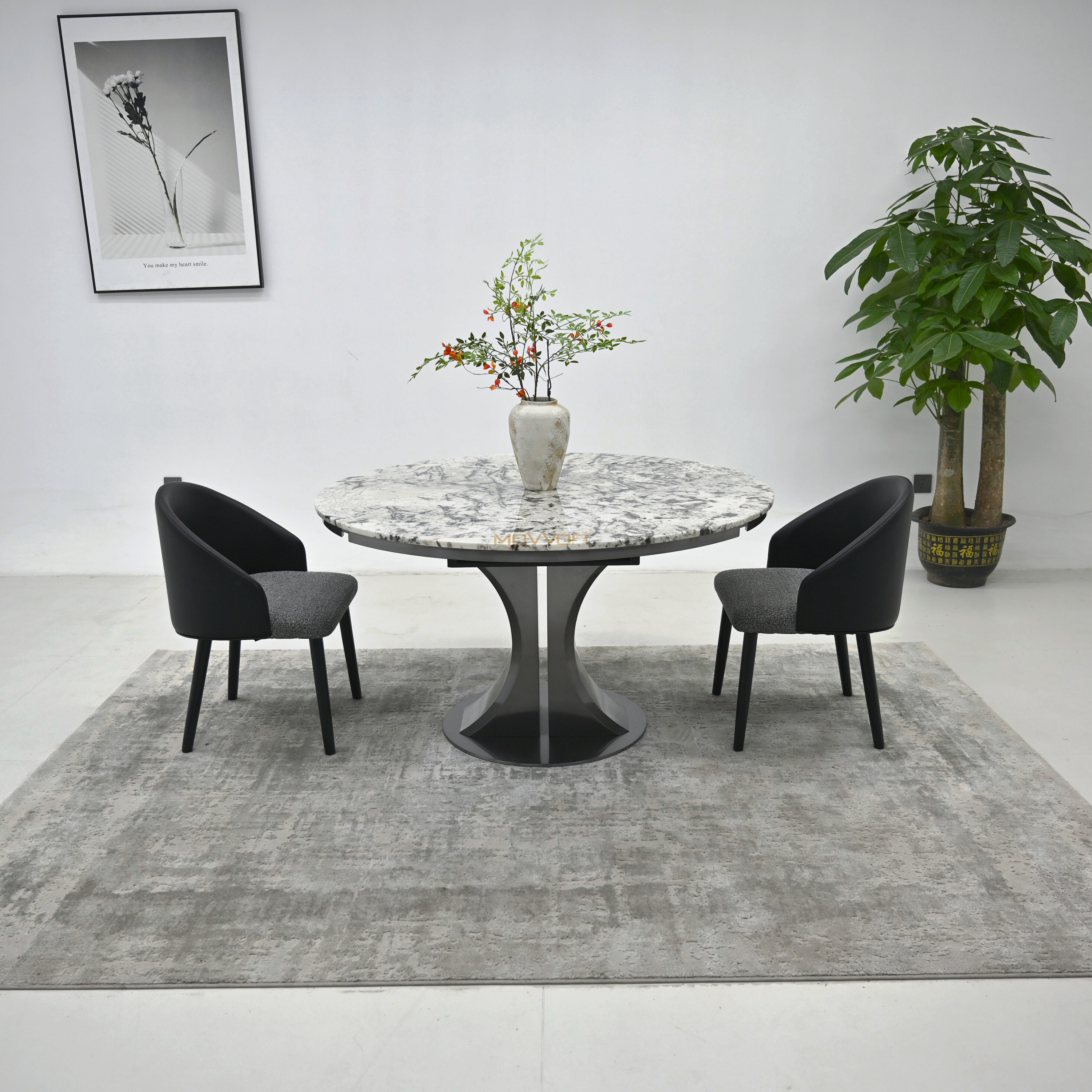 Cloud Vein Luxury Stone Folding Round Table with Sculpted Stainless Steel Base