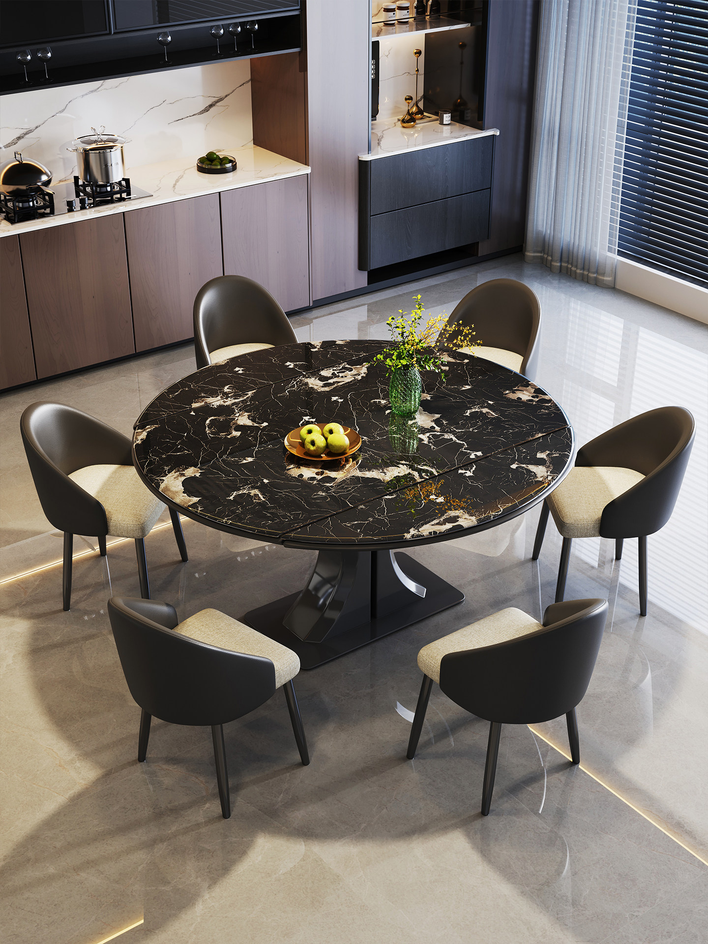 Cloud Vein Luxury Stone Folding Round Table with Sculpted Stainless Steel Base
