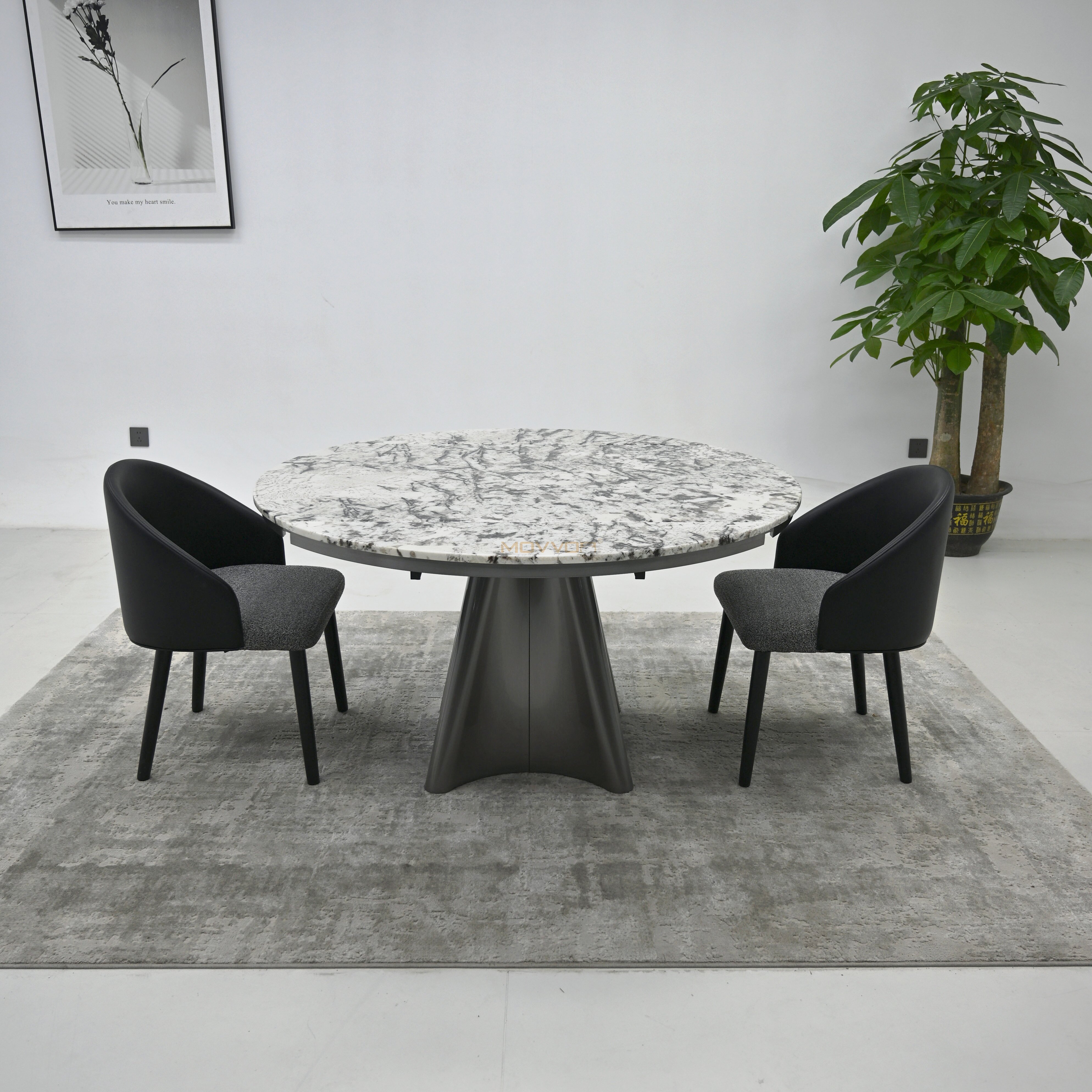 Snowstorm Marble-Effect Folding Round Table with Petal Stainless Steel Pedestal