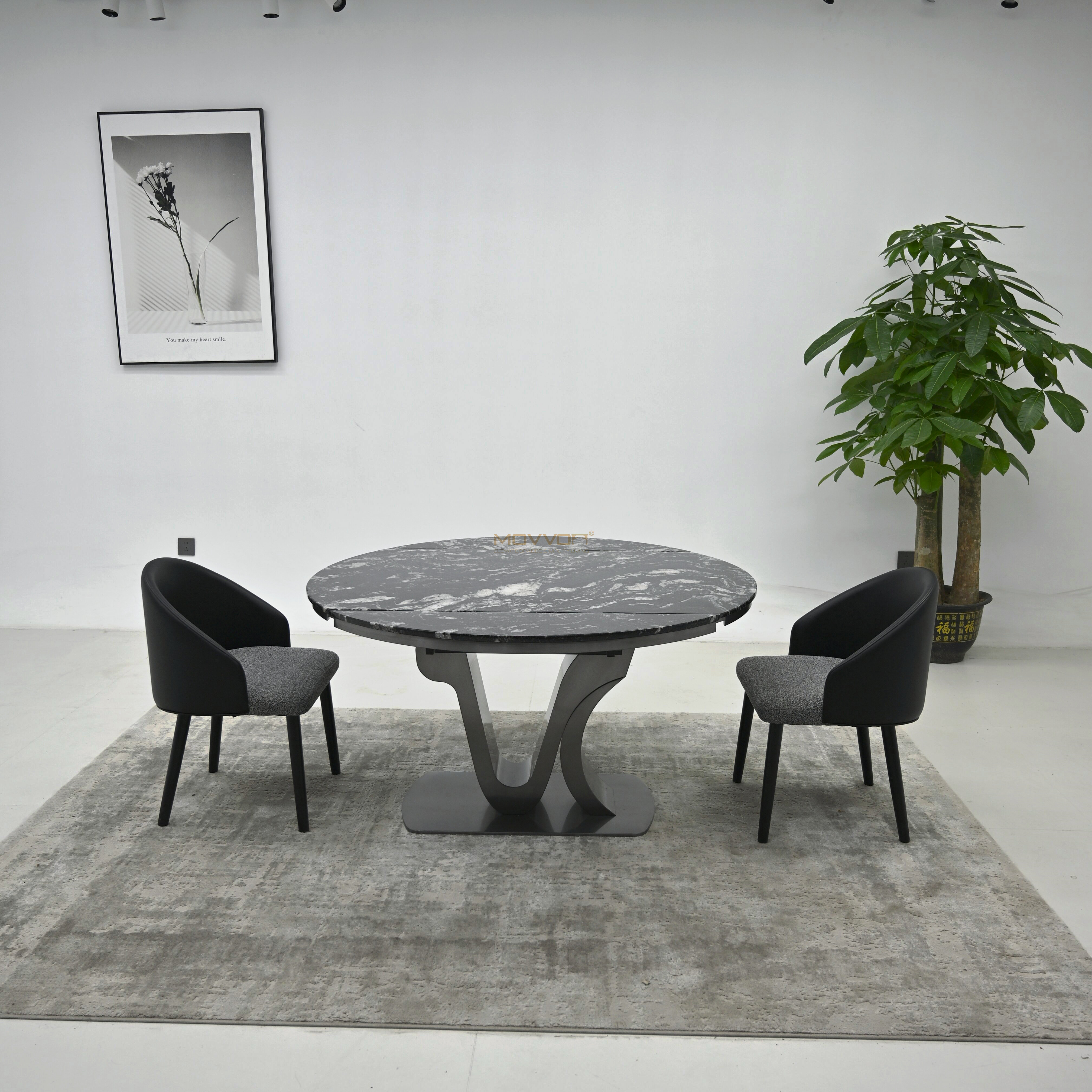 Black Storm Luxury Stone Folding Round Table with Dual-Arch Stainless Steel Pedestal