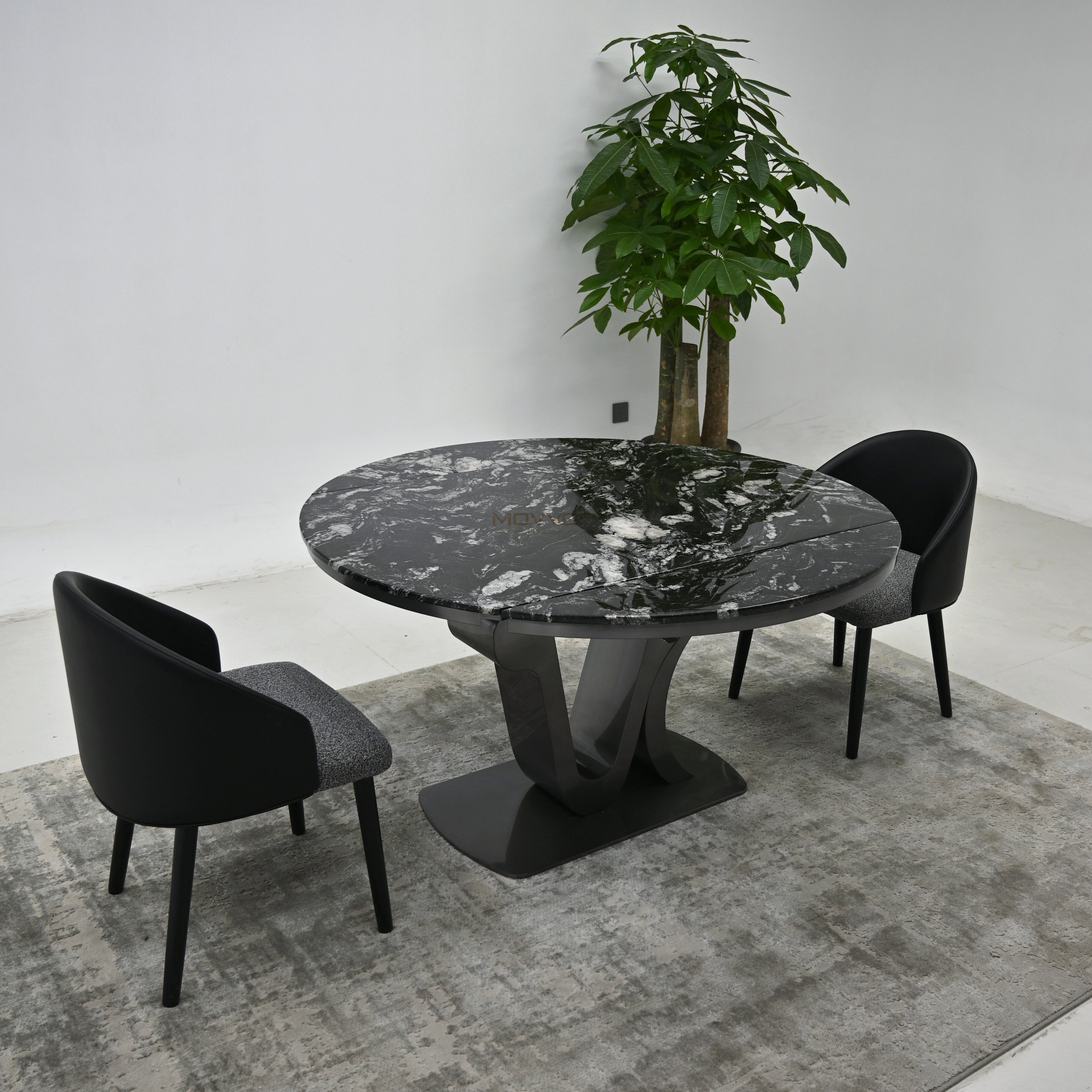 Black Storm Luxury Stone Folding Round Table with Dual-Arch Stainless Steel Pedestal