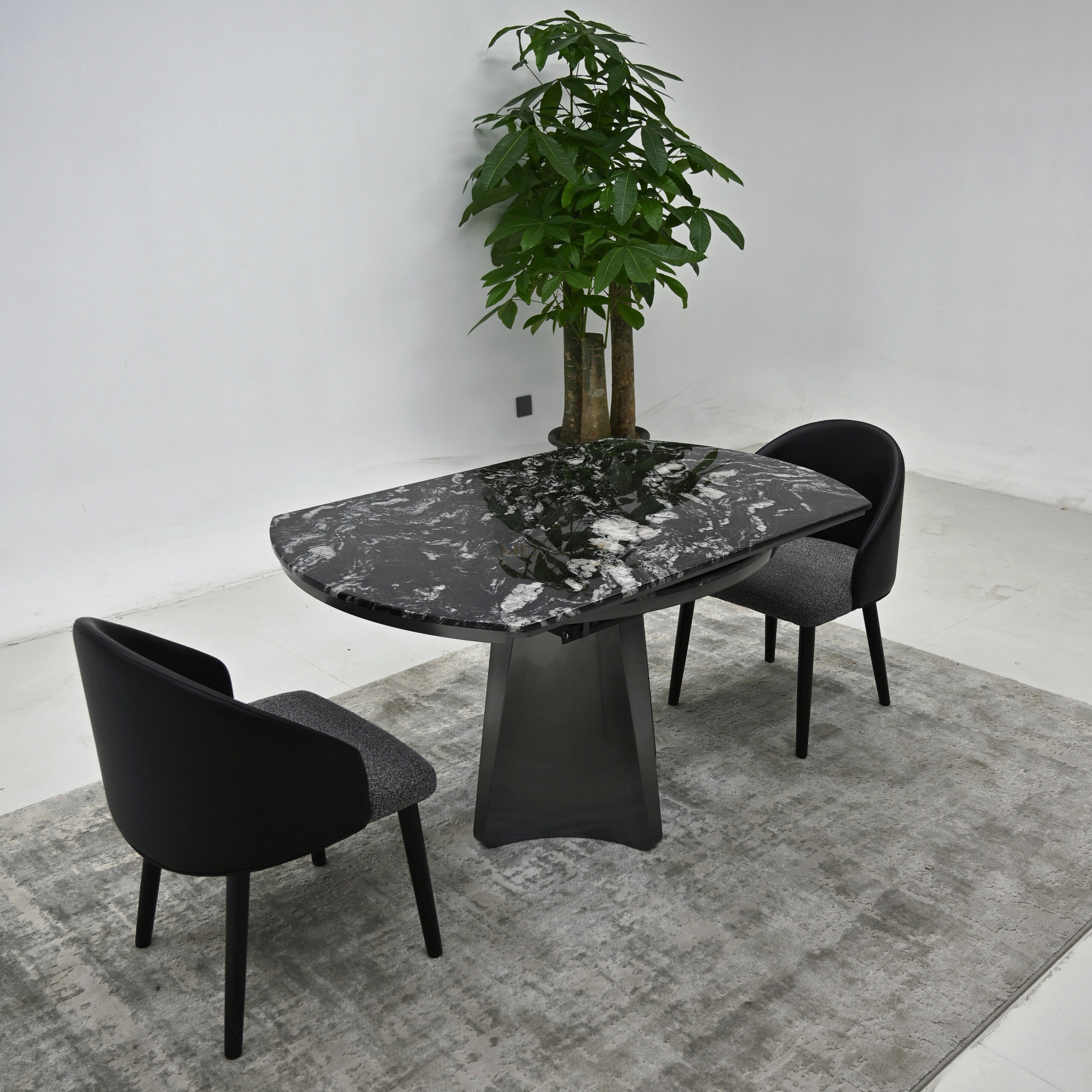 Black Ice Marble-Effect Folding Round Table with Faceted Tulip Stainless Steel Pedestal