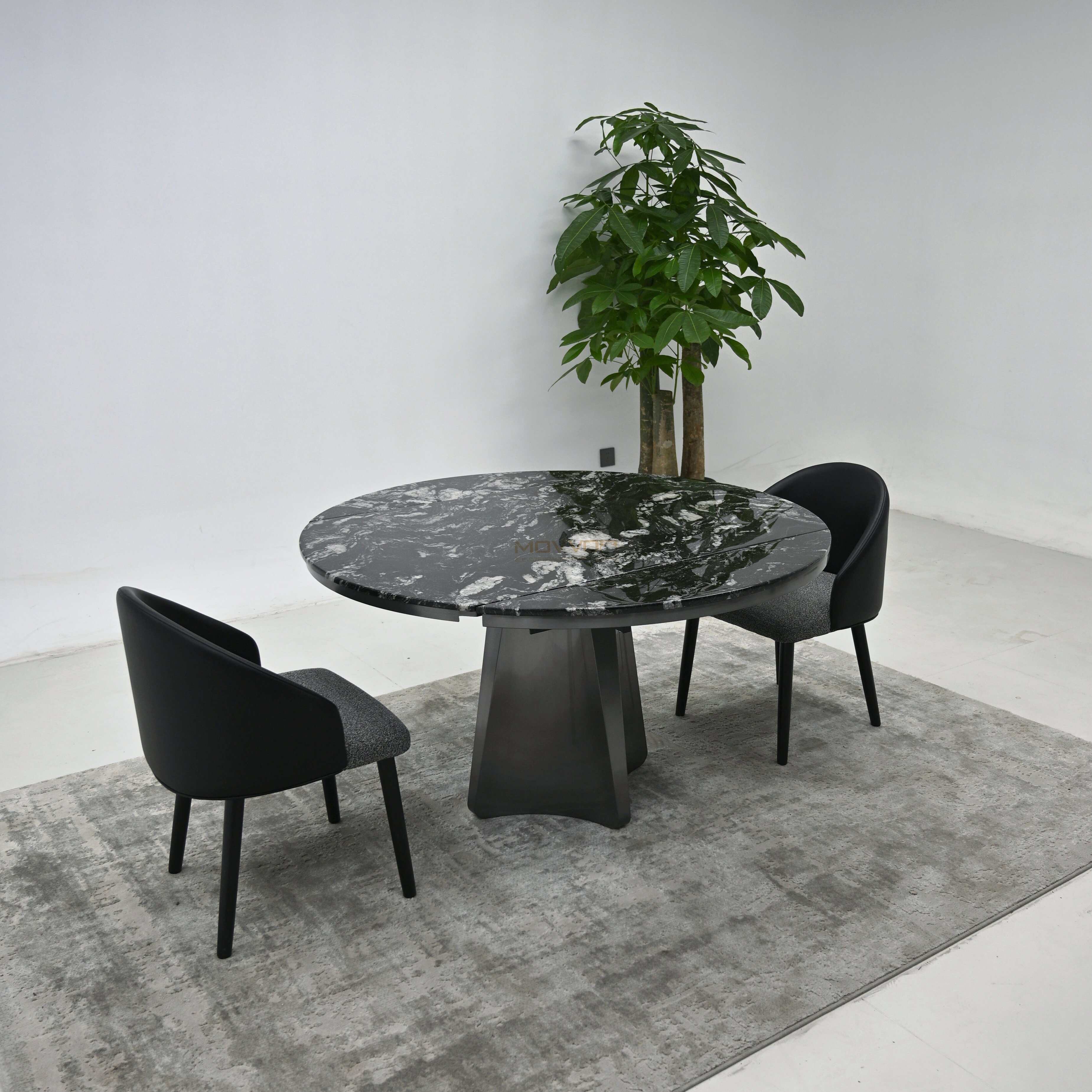 Black Ice Marble-Effect Folding Round Table with Faceted Tulip Stainless Steel Pedestal