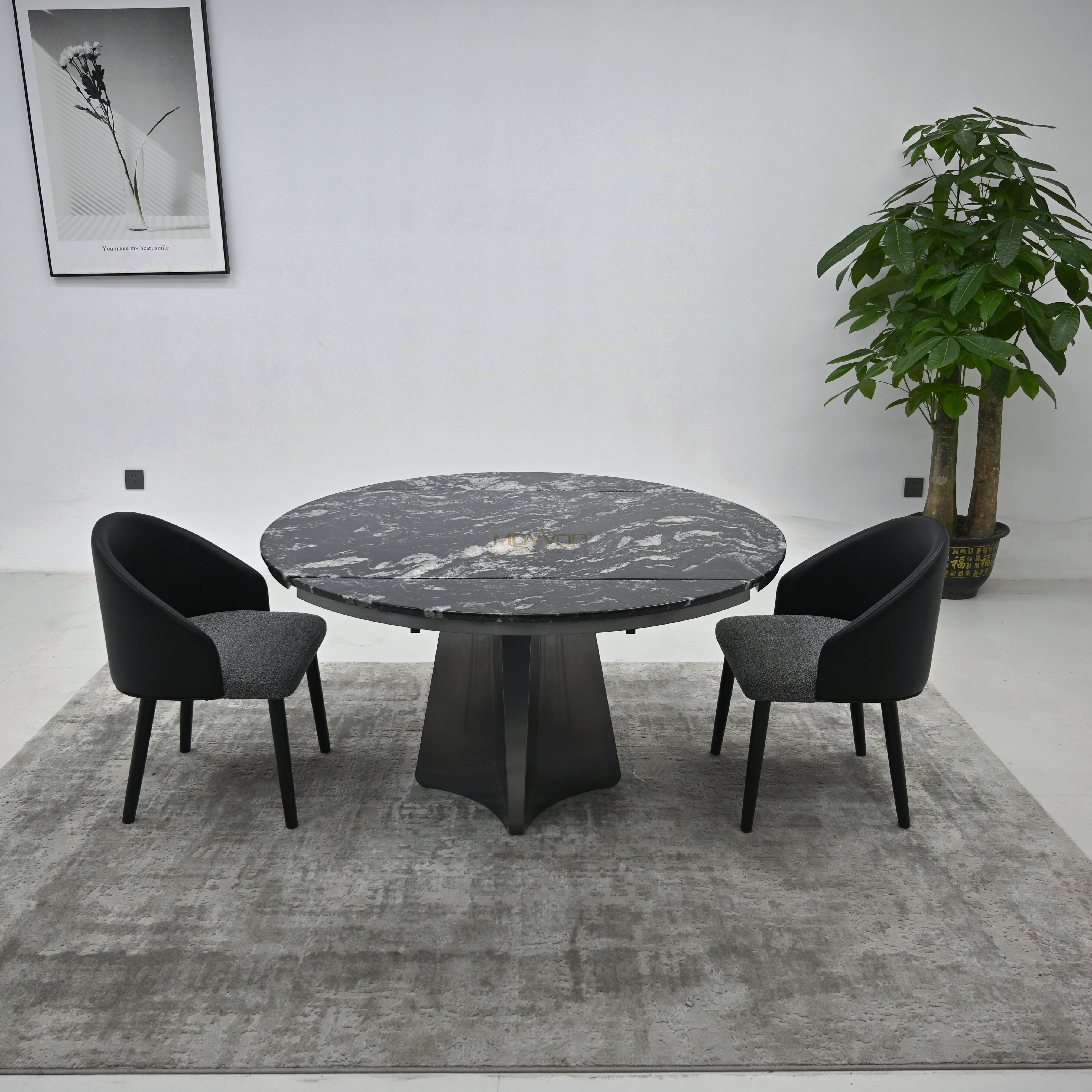 Black Ice Marble-Effect Folding Round Table with Faceted Tulip Stainless Steel Pedestal