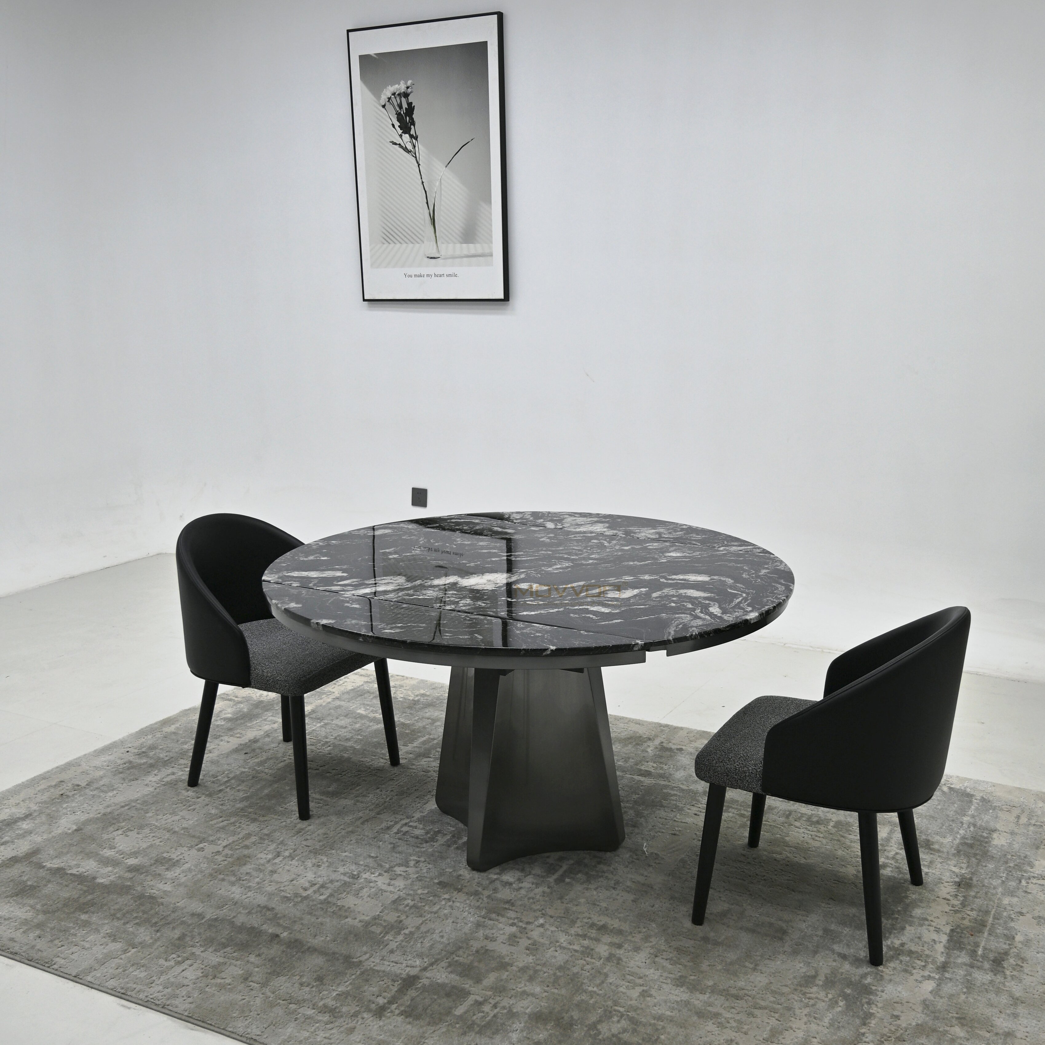 Black Ice Marble-Effect Folding Round Table with Faceted Tulip Stainless Steel Pedestal