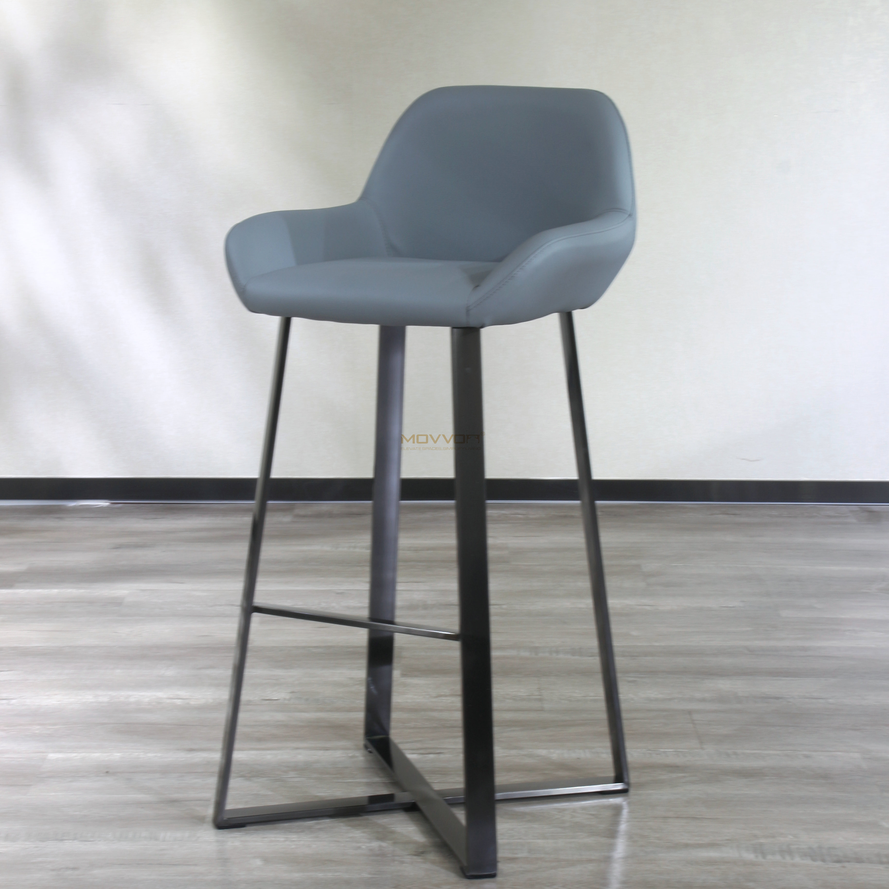Grey Upholstered Bucket Bar Chair with Angled Footrest Frame