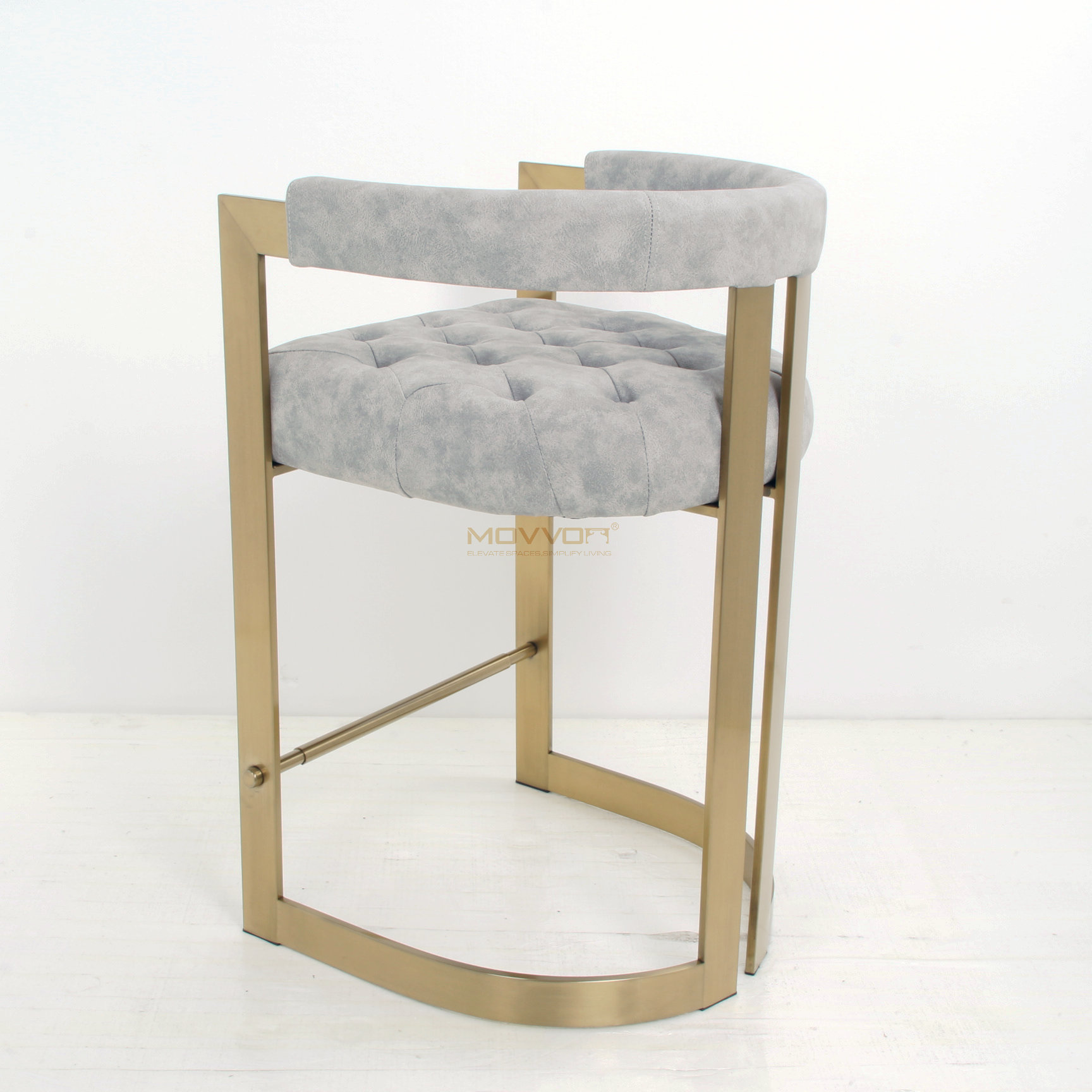 Crescent Back Tufted Bar Stool with Champagne U-Frame Base