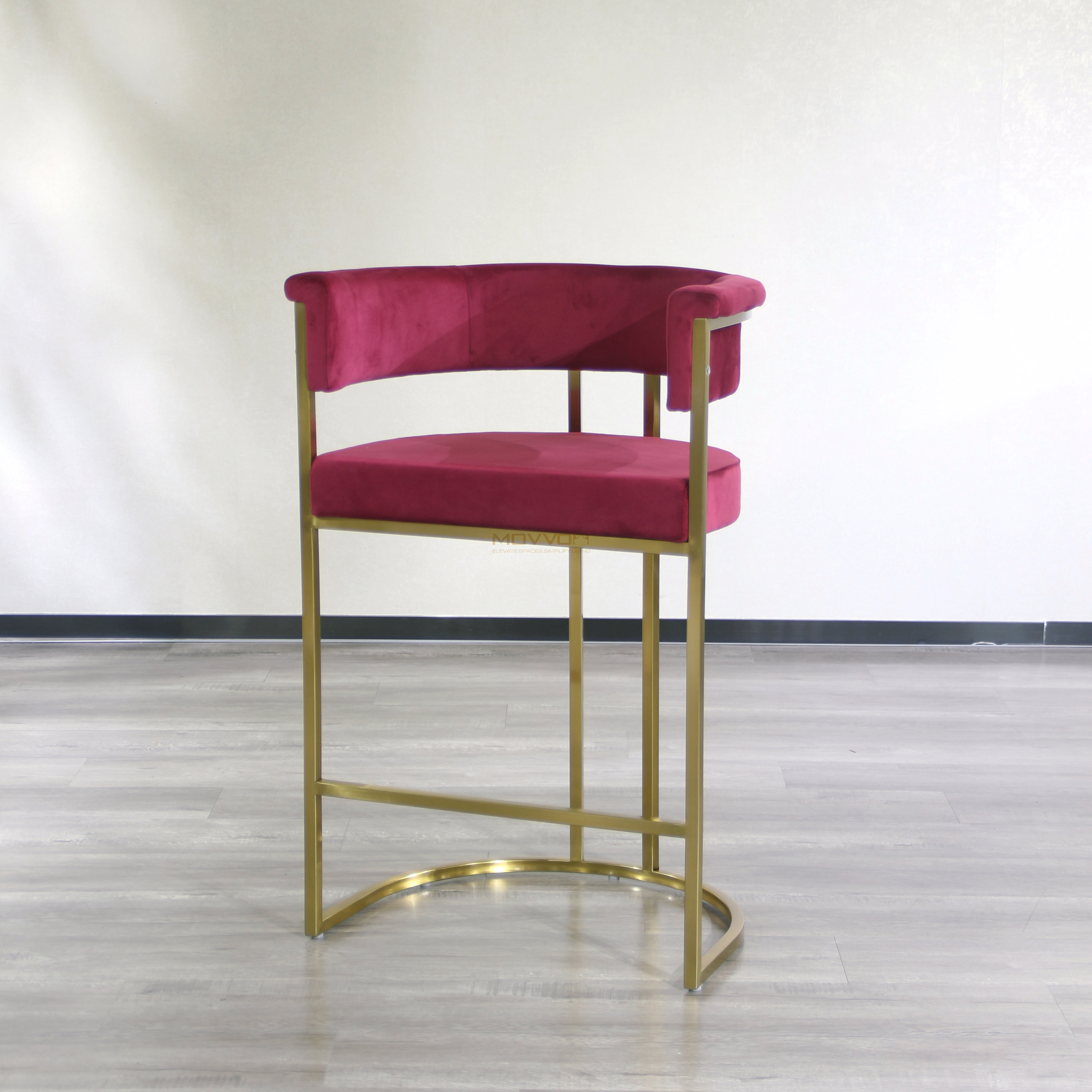 Rolled Barrel Back Bar Stool with Gold Half-Moon Sled Base
