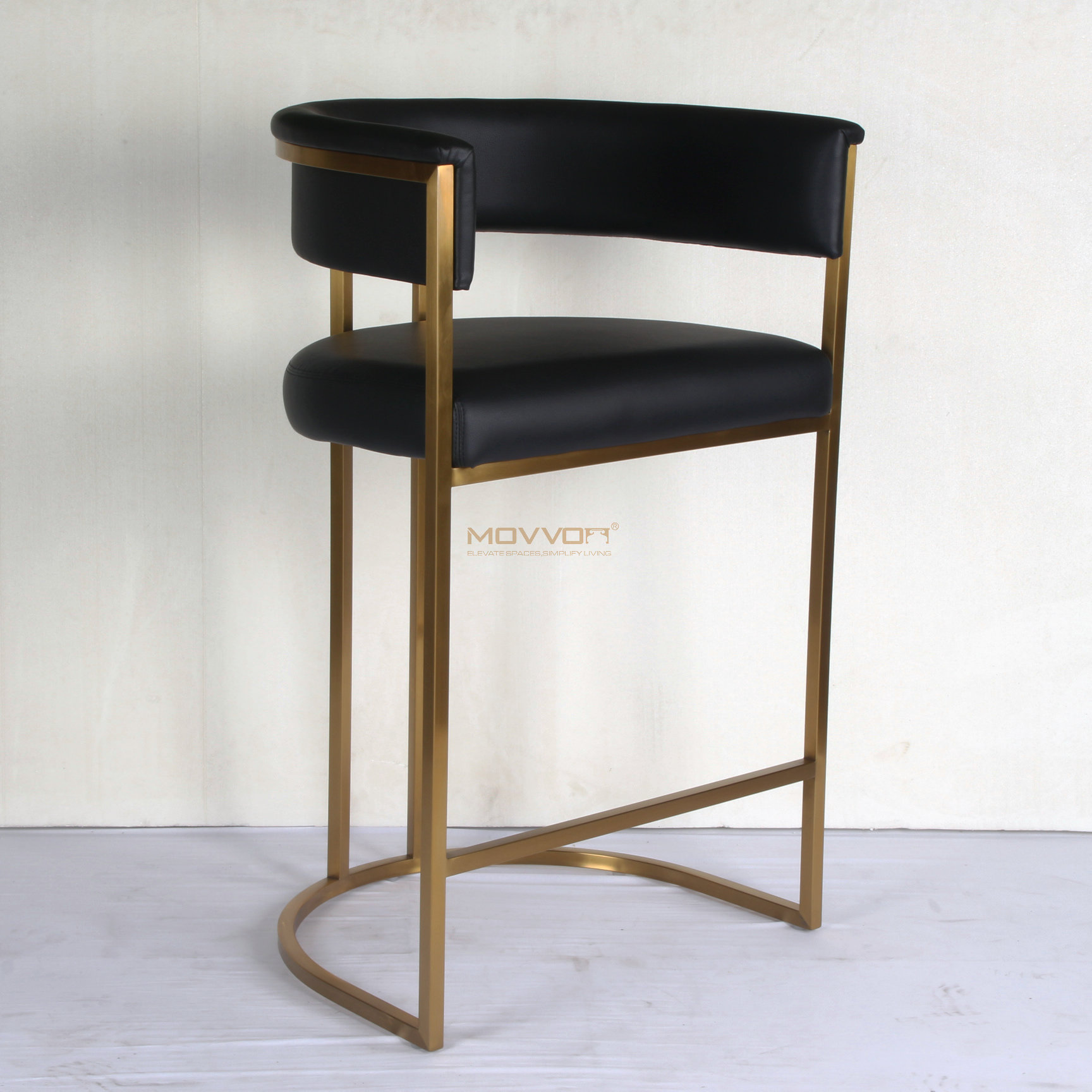 Rolled Barrel Back Bar Stool with Gold Half-Moon Sled Base