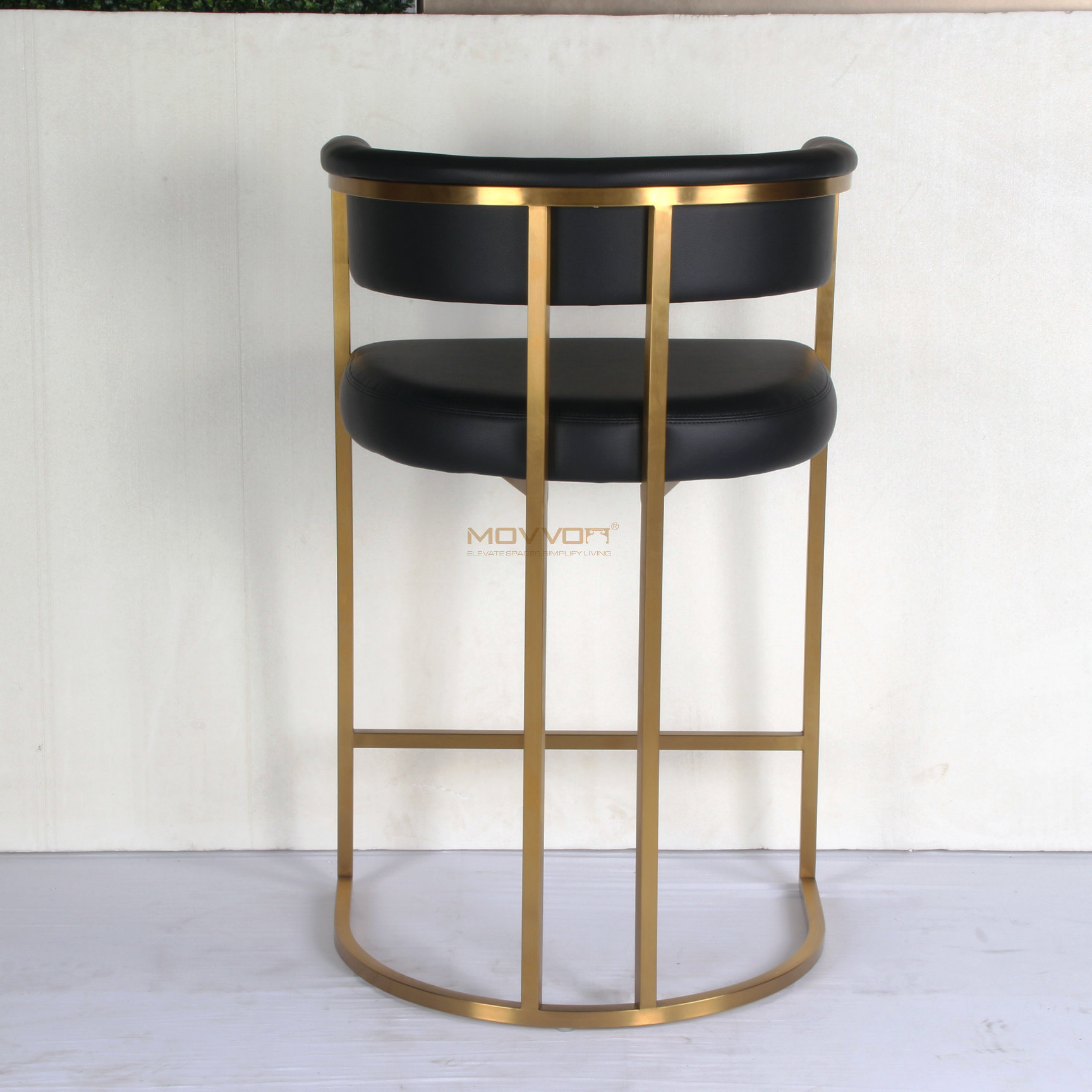 Rolled Barrel Back Bar Stool with Gold Half-Moon Sled Base