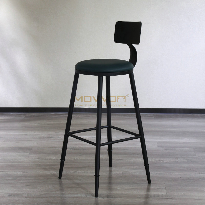 Industrial Green Bar Stool with Bent Back Support and Black Crossbar Frame