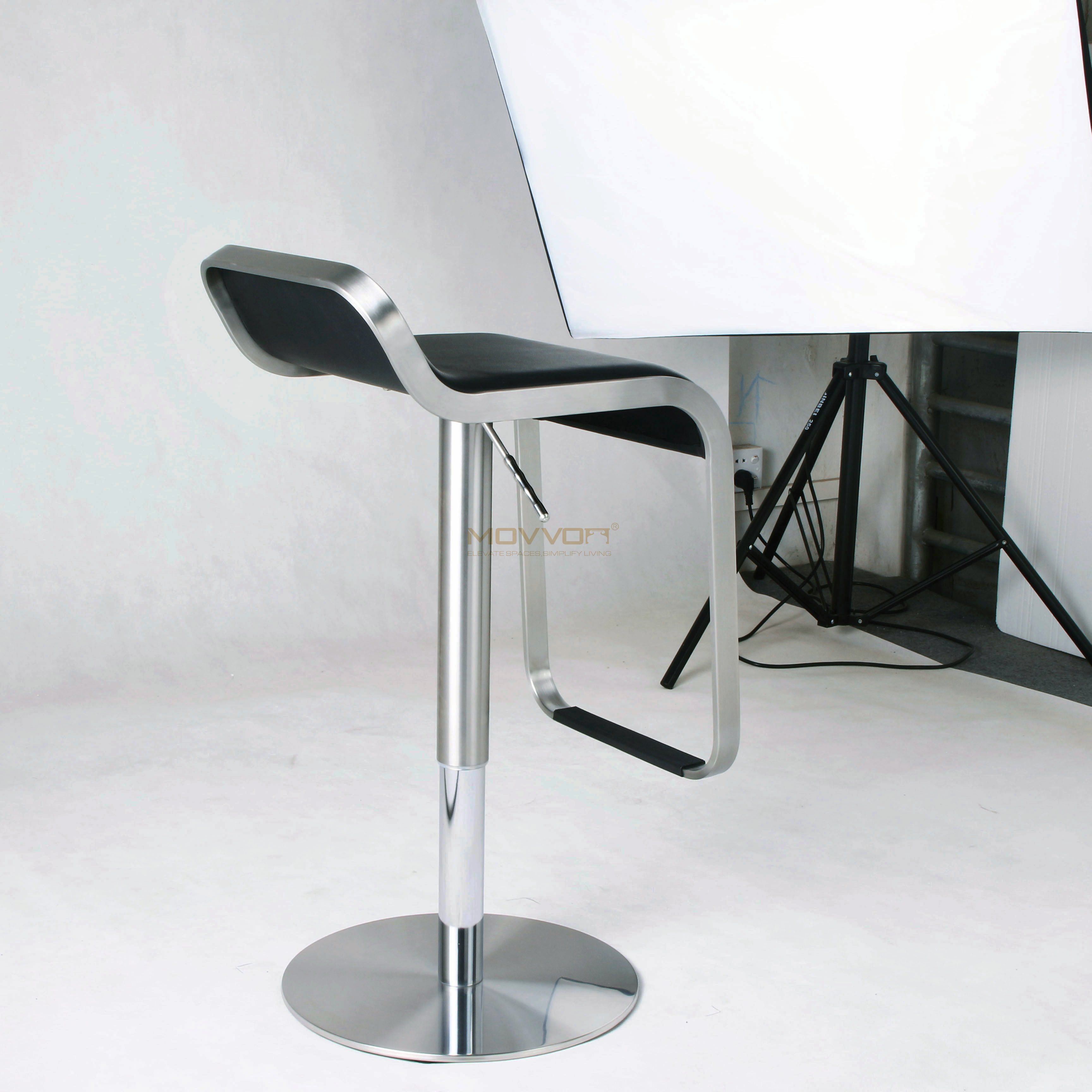 Black Cushioned Adjustable Bar Stool with Brushed Loop Metal Frame