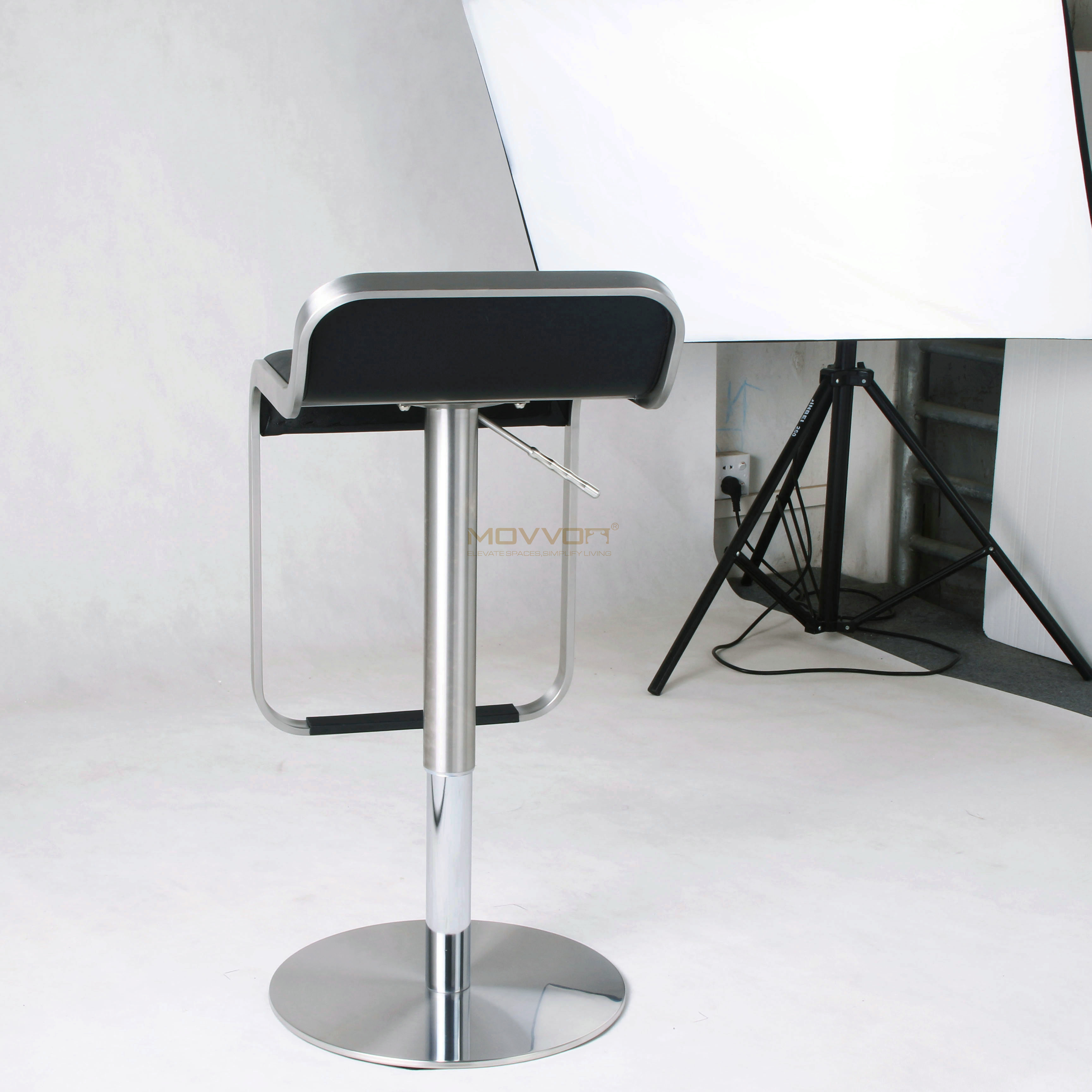 Black Cushioned Adjustable Bar Stool with Brushed Loop Metal Frame