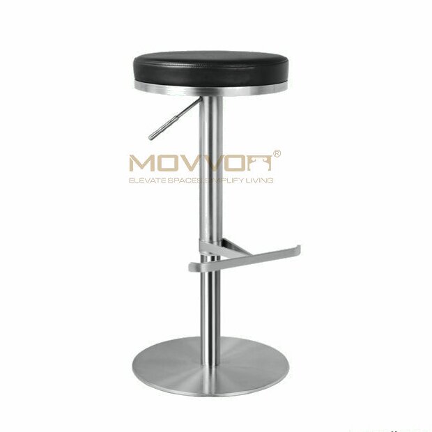 Black Round Cushion Adjustable Bar Stool with Chrome T-Bar Footrest