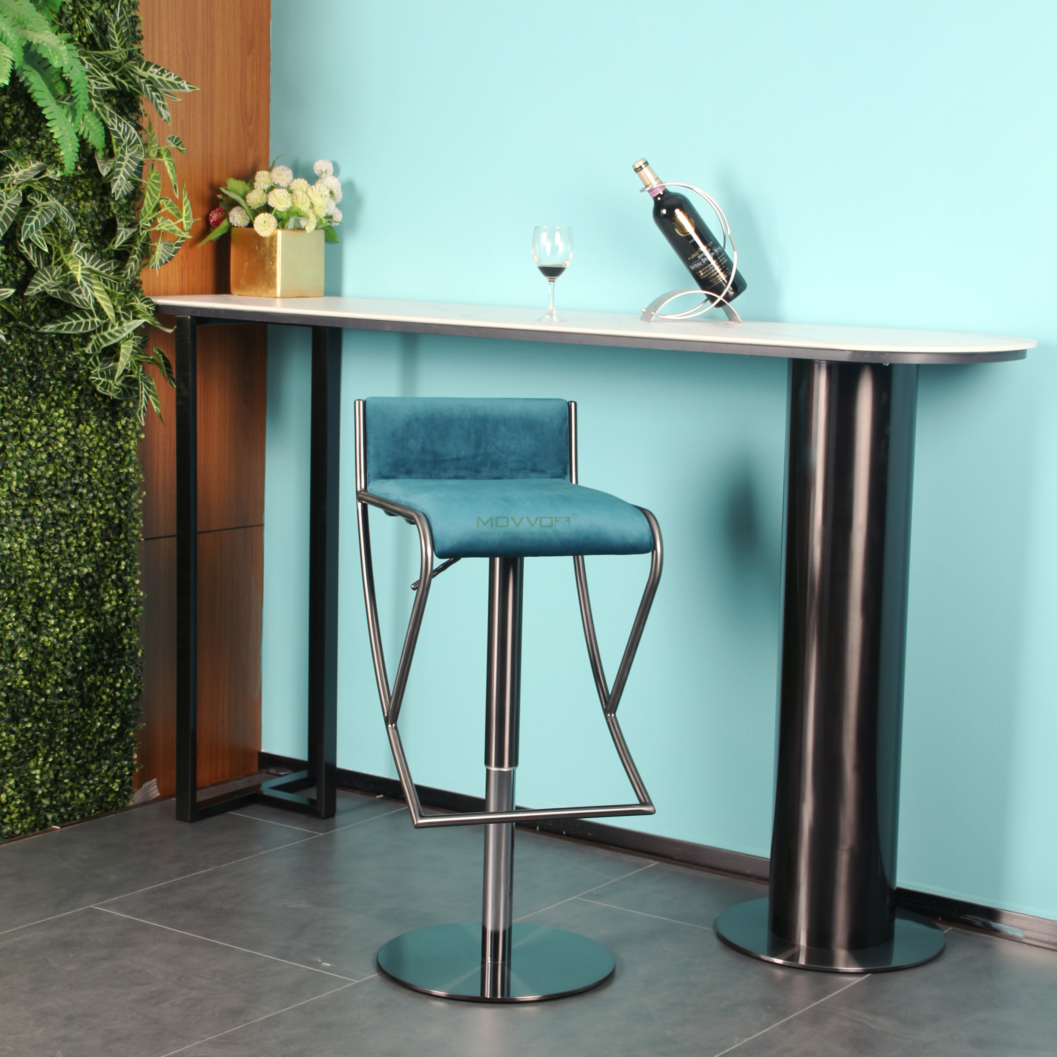 Teal Low Back Bar Stool with Angular Footrest and Pedestal Base