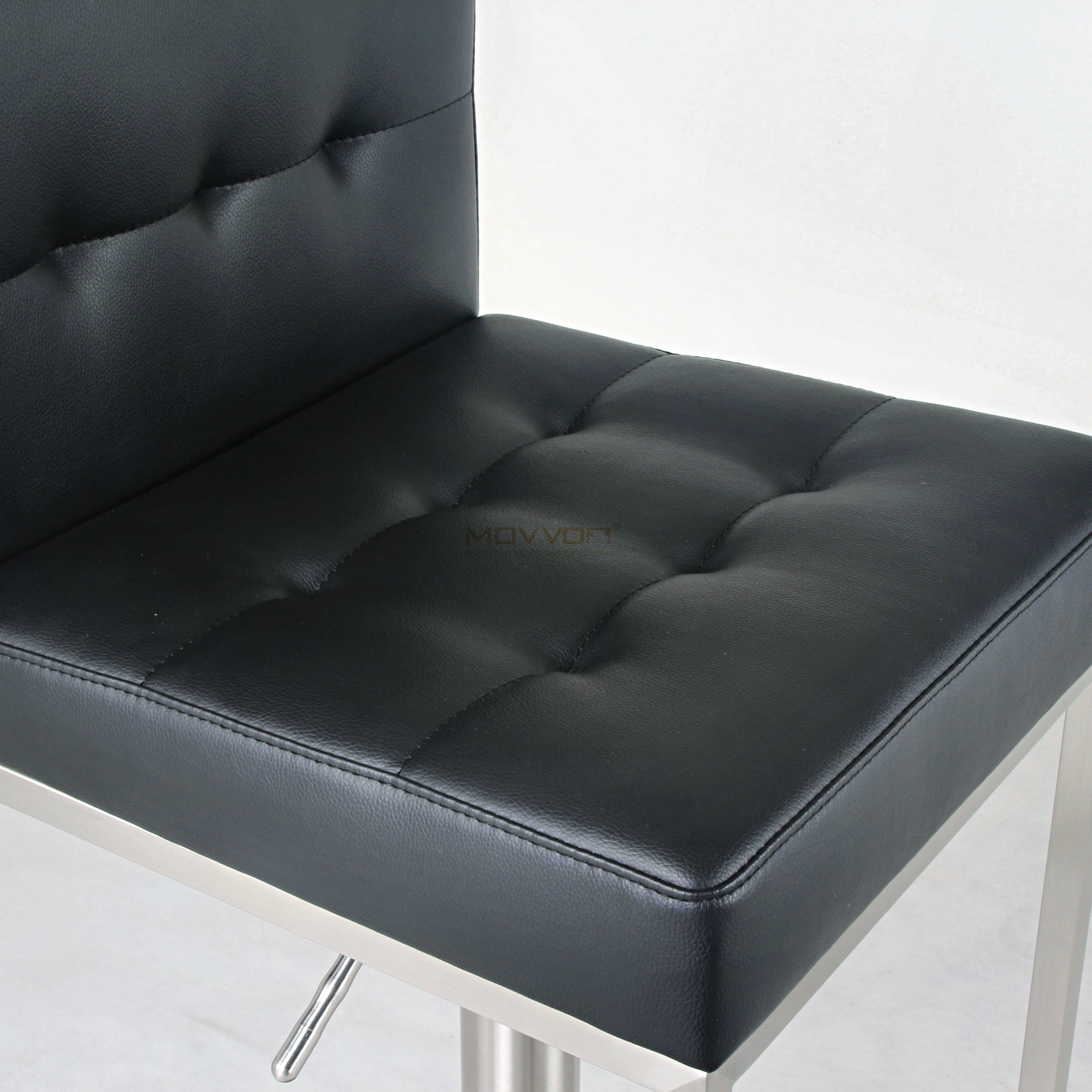 Black Tufted Bar Stool with Square Footrest Frame and Brushed Pedestal