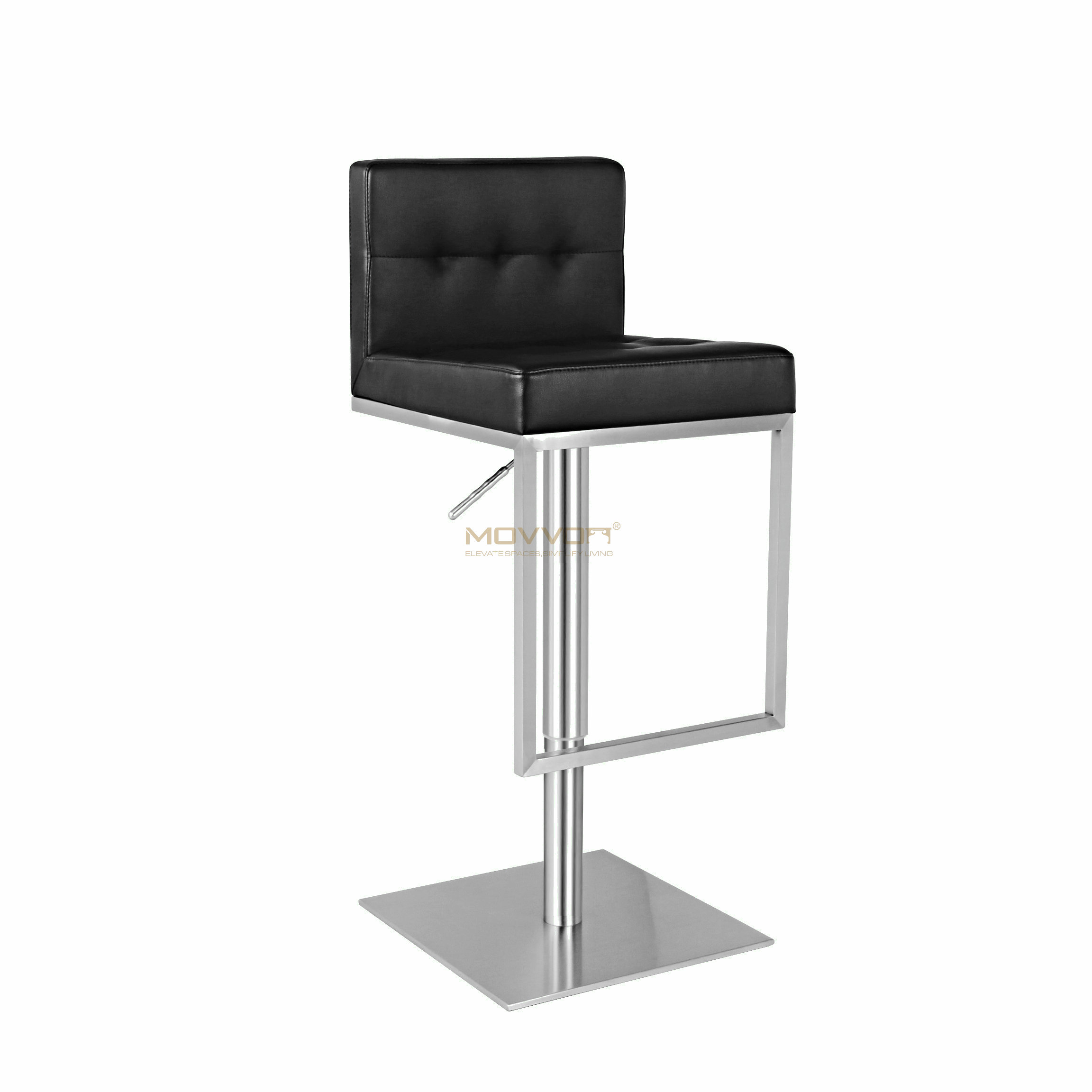 Black Tufted Bar Stool with Square Footrest Frame and Brushed Pedestal