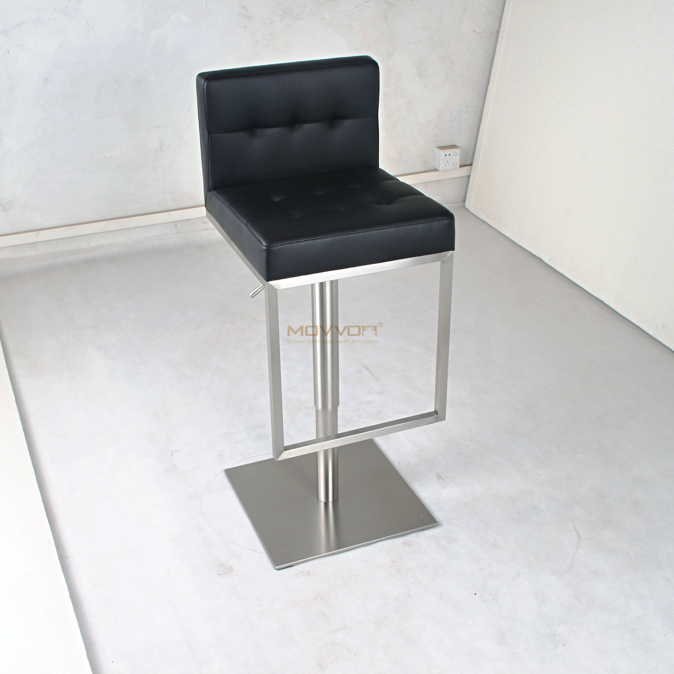 Black Tufted Bar Stool with Square Footrest Frame and Brushed Pedestal