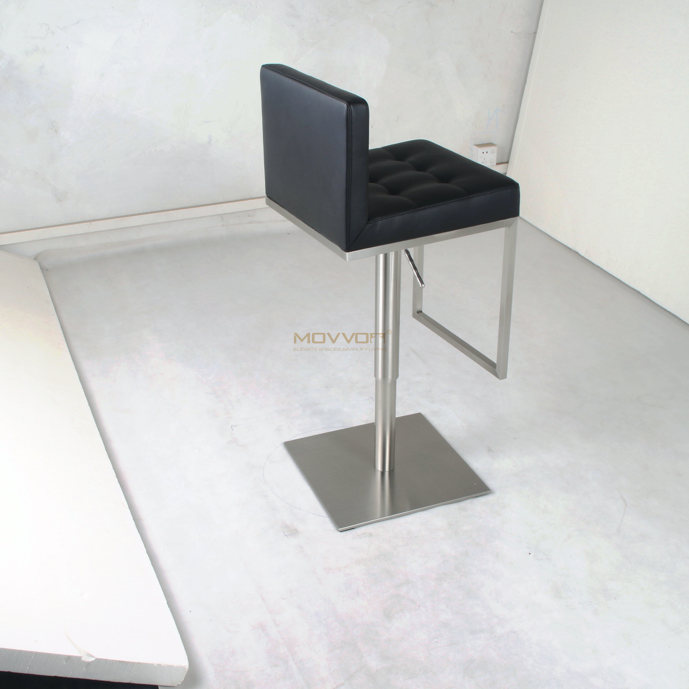 Black Tufted Bar Stool with Square Footrest Frame and Brushed Pedestal