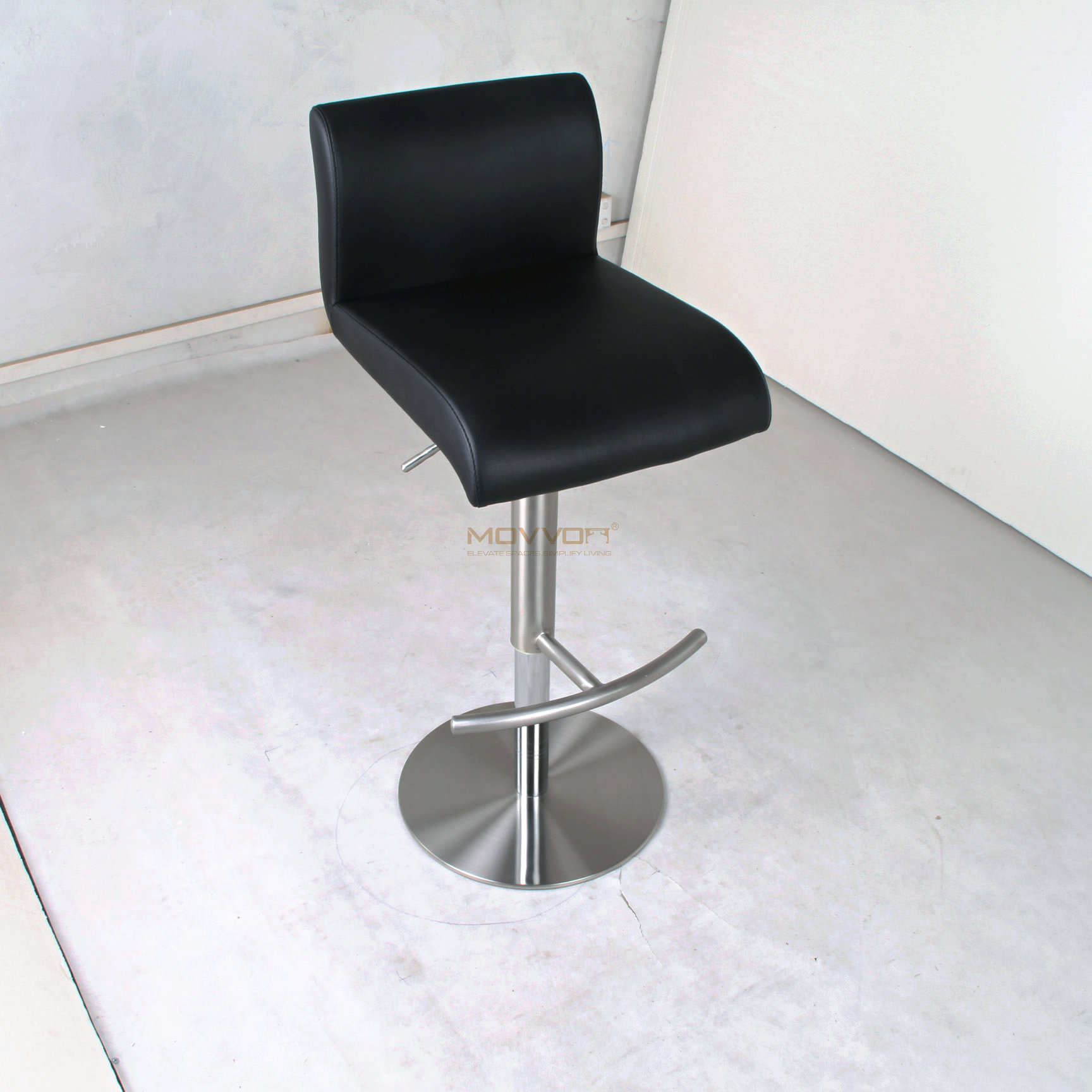 Black Waterfall Seat Bar Stool with Crescent Footrest and Round Base