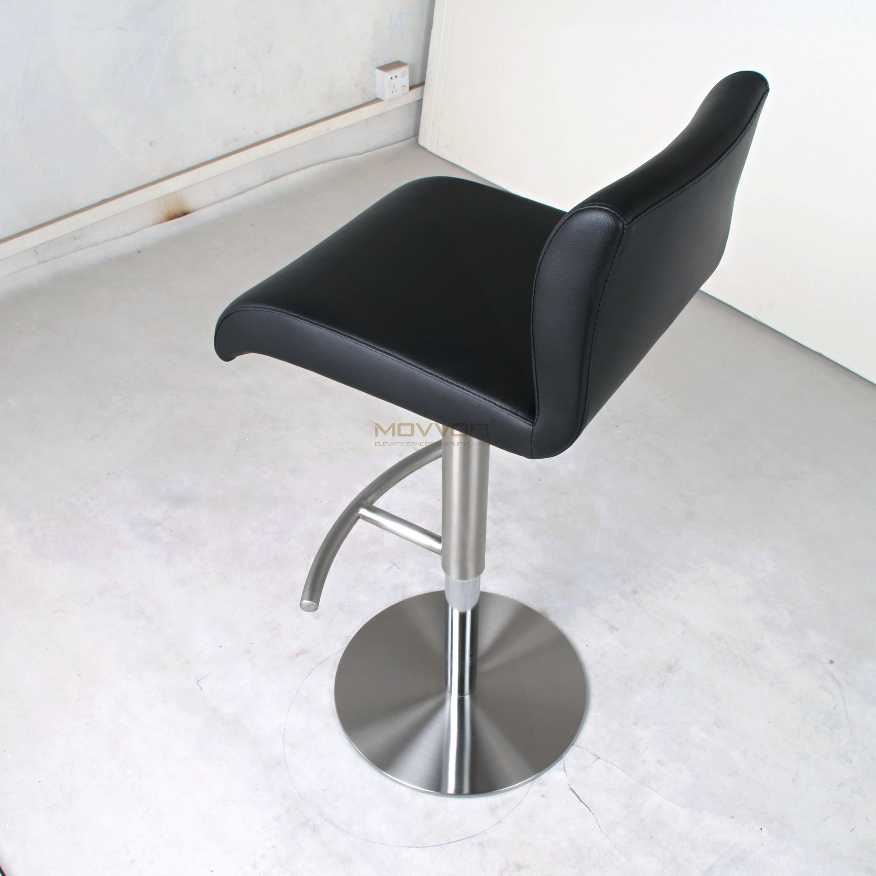 Black Waterfall Seat Bar Stool with Crescent Footrest and Round Base