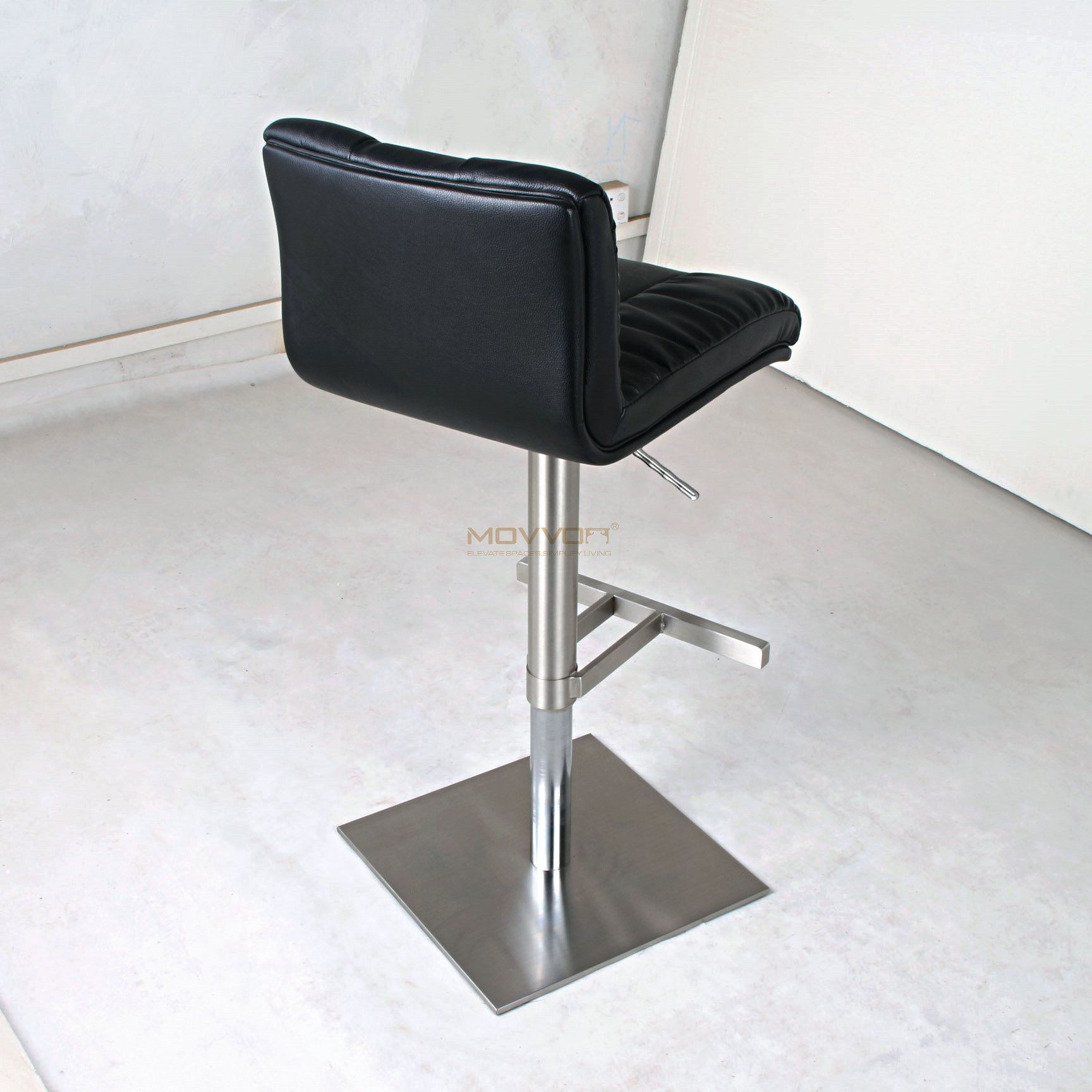 Split-Channel Black Bar Stool with T-Bar Footrest and Square Base