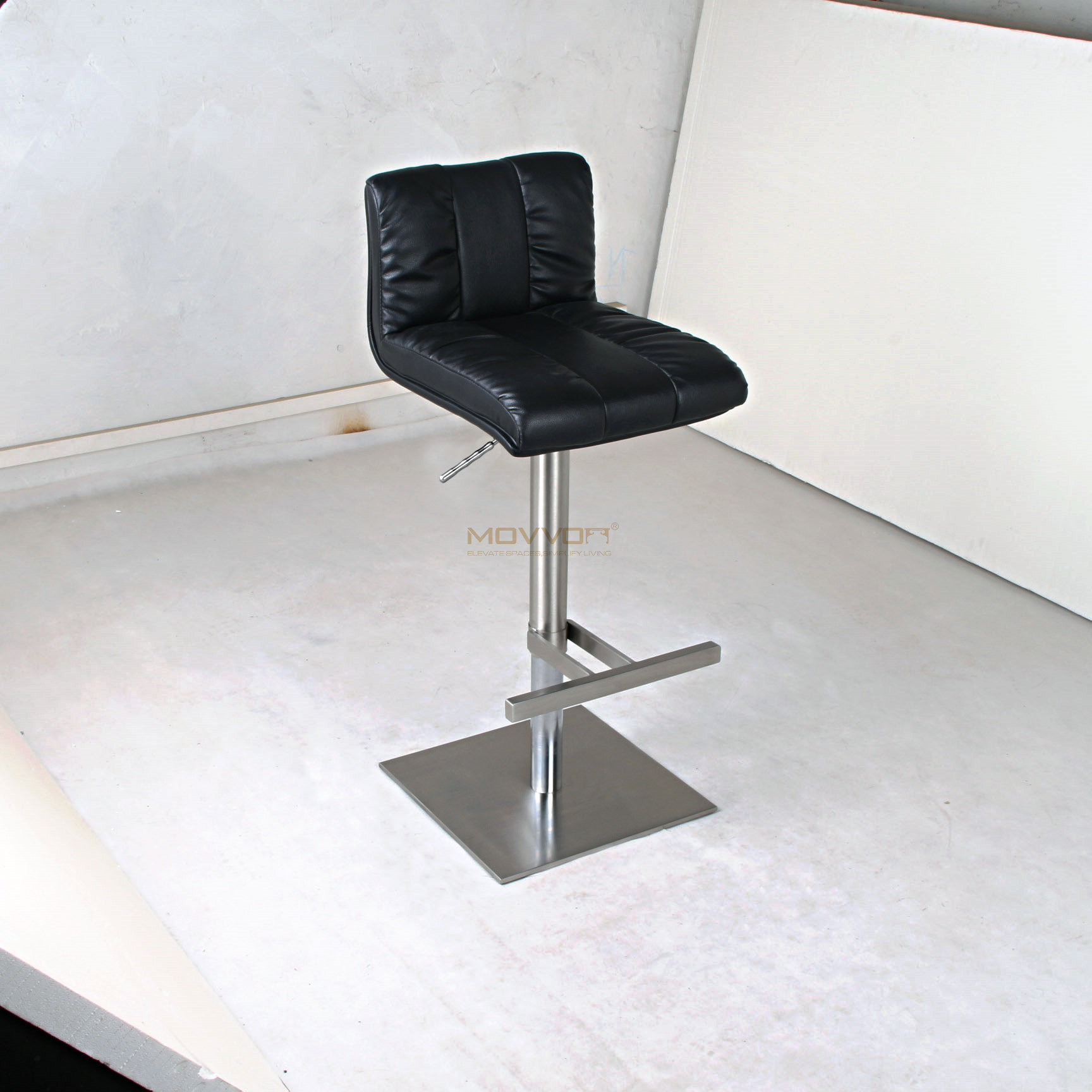 Split-Channel Black Bar Stool with T-Bar Footrest and Square Base