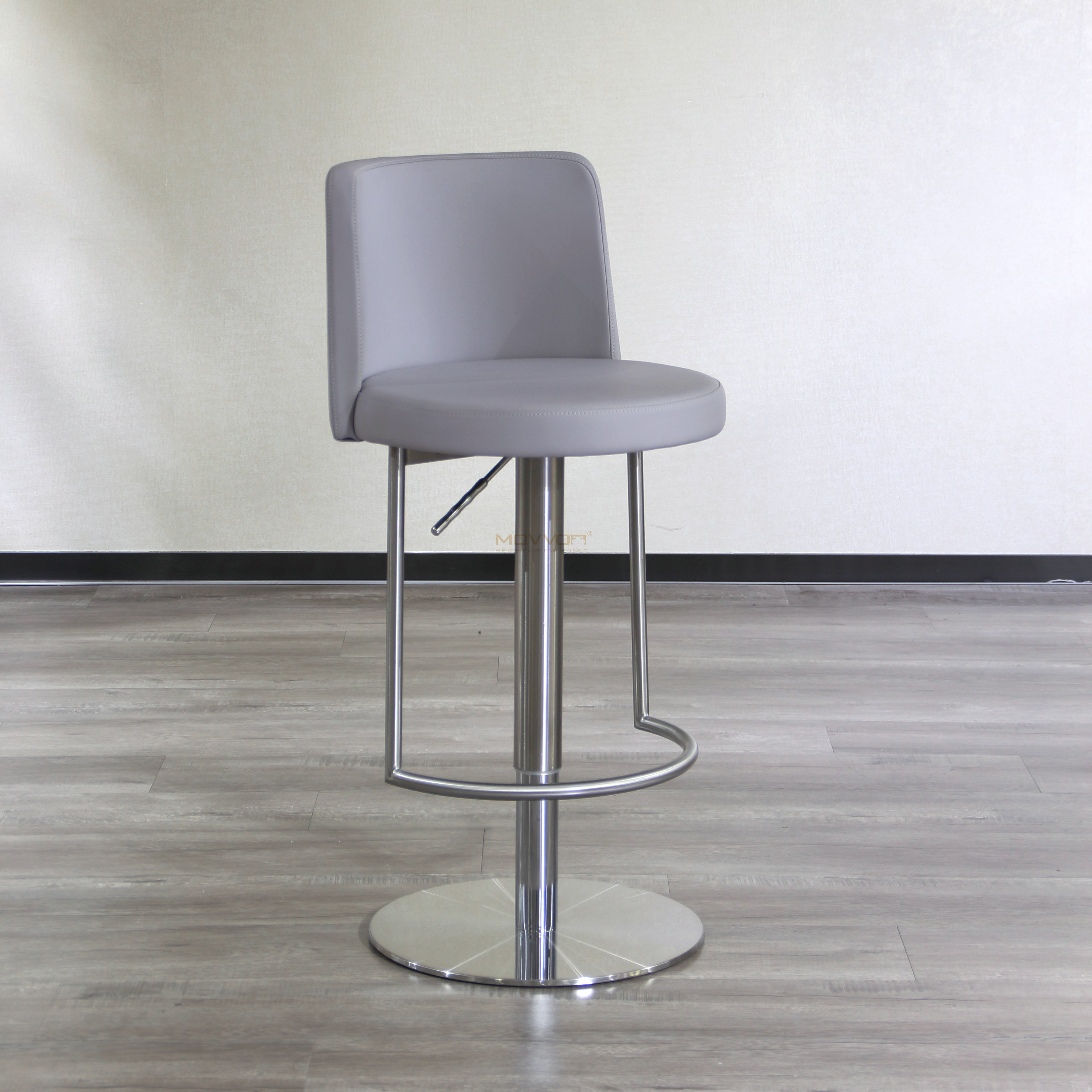 Grey Rounded Back Bar Stool with Guardrail Footrest and Round Base