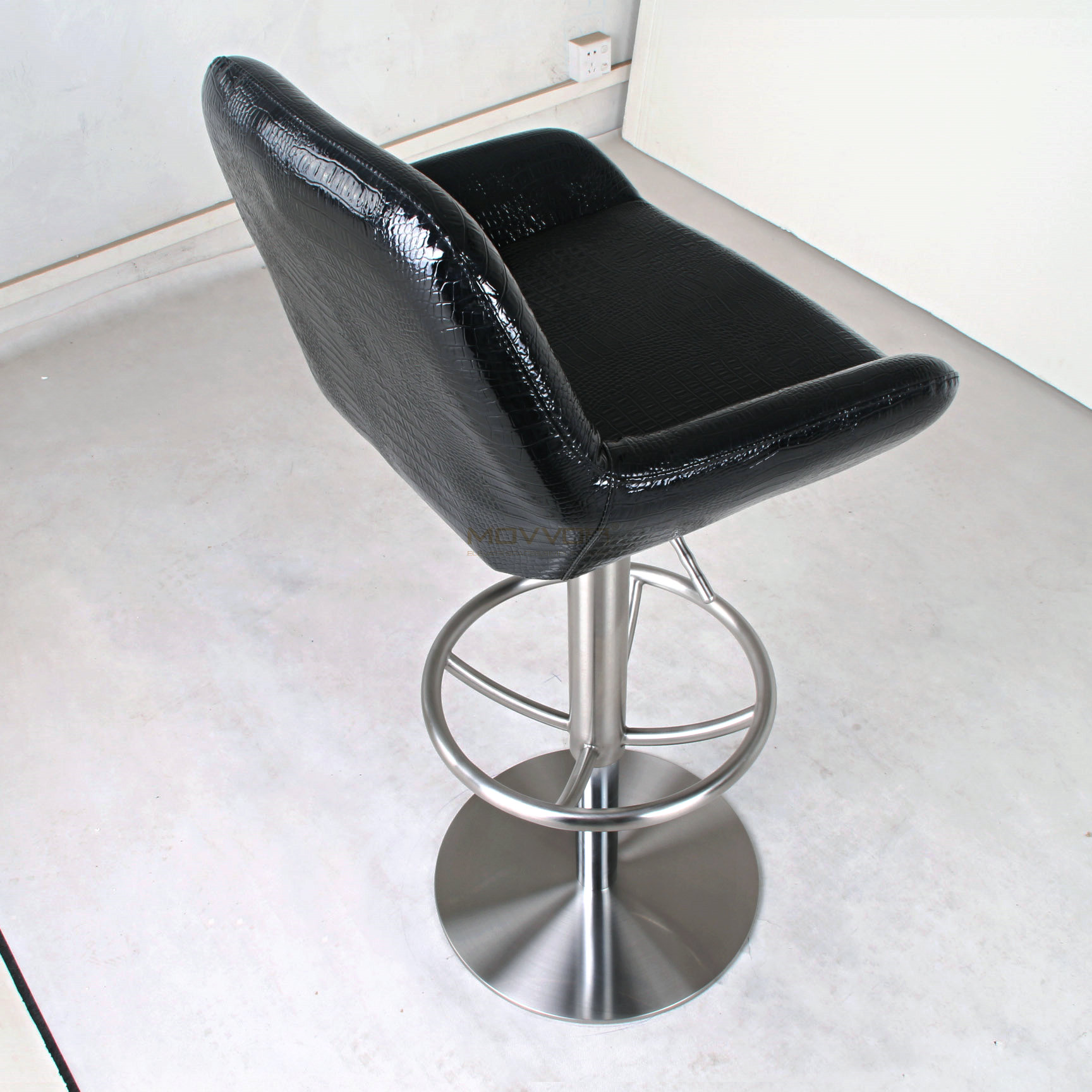 Croc-Embossed Black Bar Chair with Wheel Ring Footrest