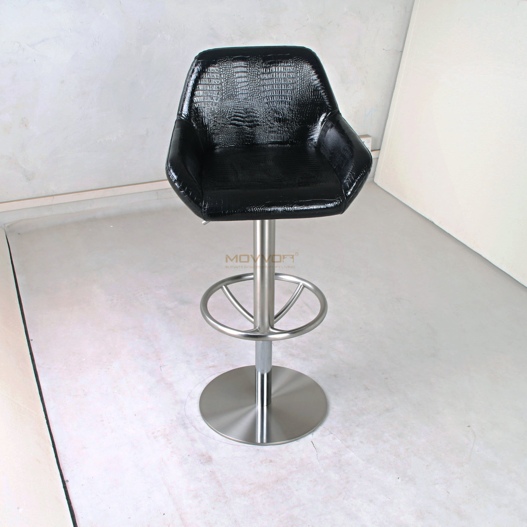 Croc-Embossed Black Bar Chair with Wheel Ring Footrest