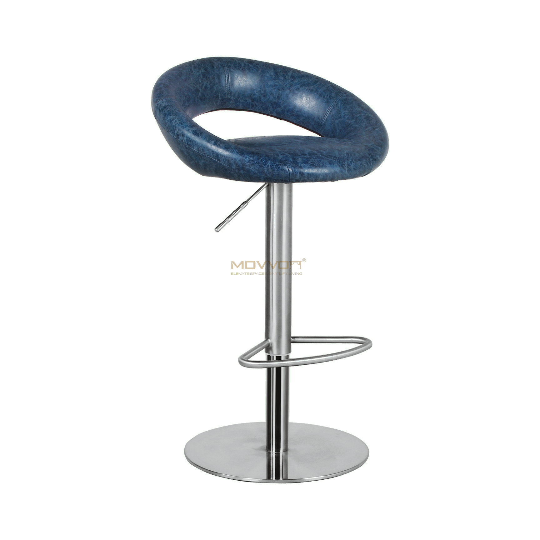 Blue Open-Ring Bar Stool with Oval Footrest and Brushed Pedestal