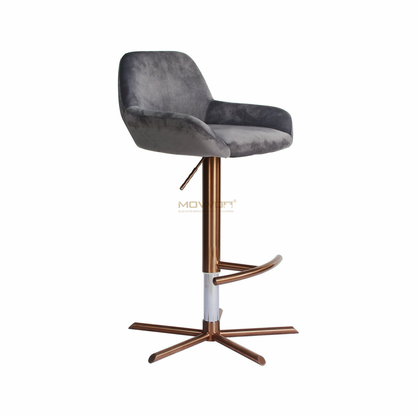 Grey Low-Arm Bar Chair with Bronze Star Base and Curved Footrest