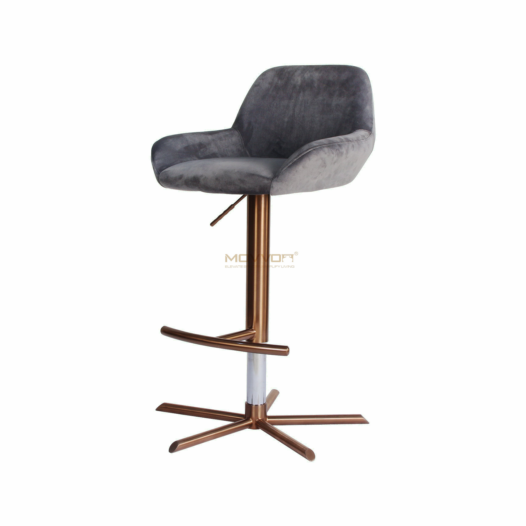 Grey Low-Arm Bar Chair with Bronze Star Base and Curved Footrest