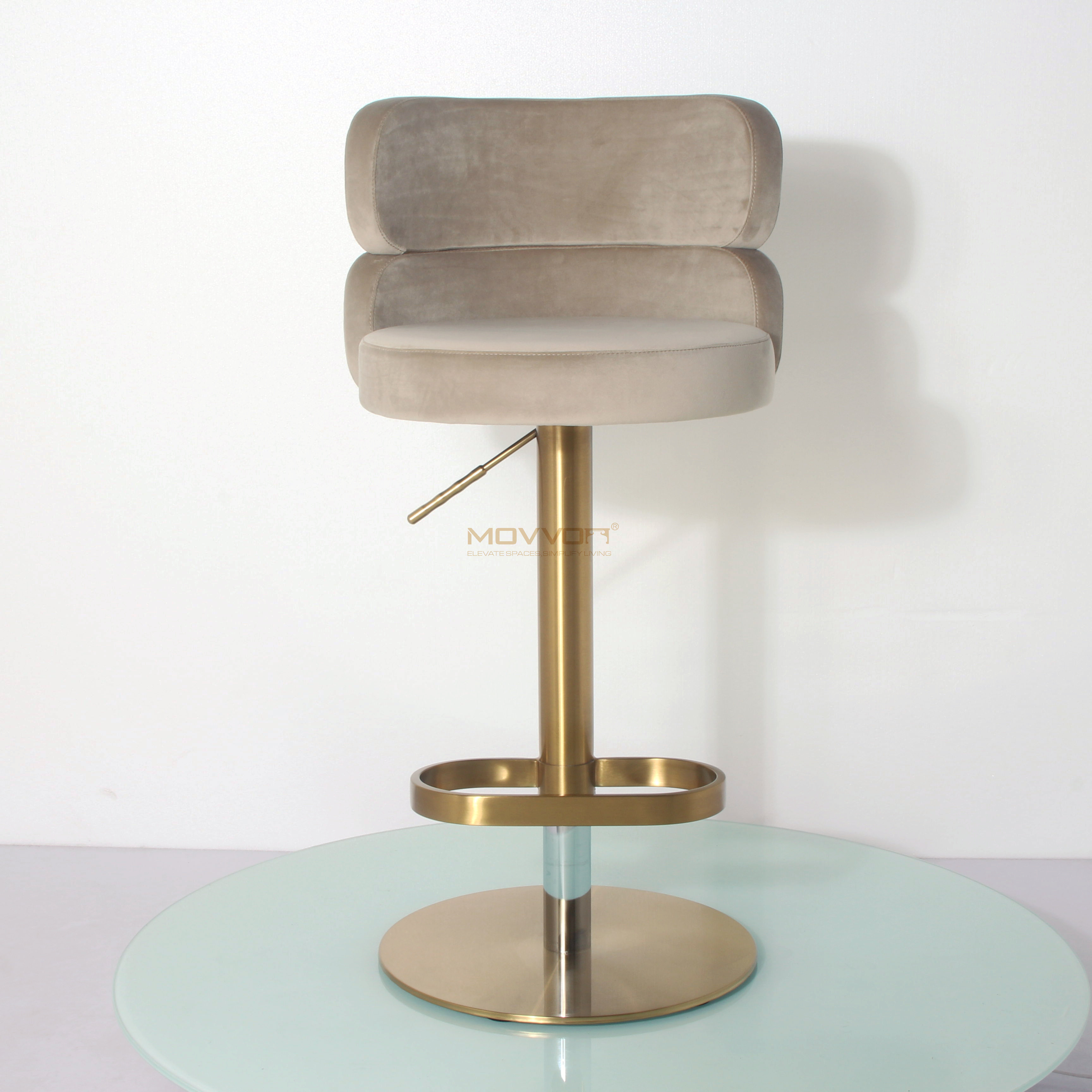 Pillow-Back Velvet Bar Stool with Oval Footrest and Gold Pedestal