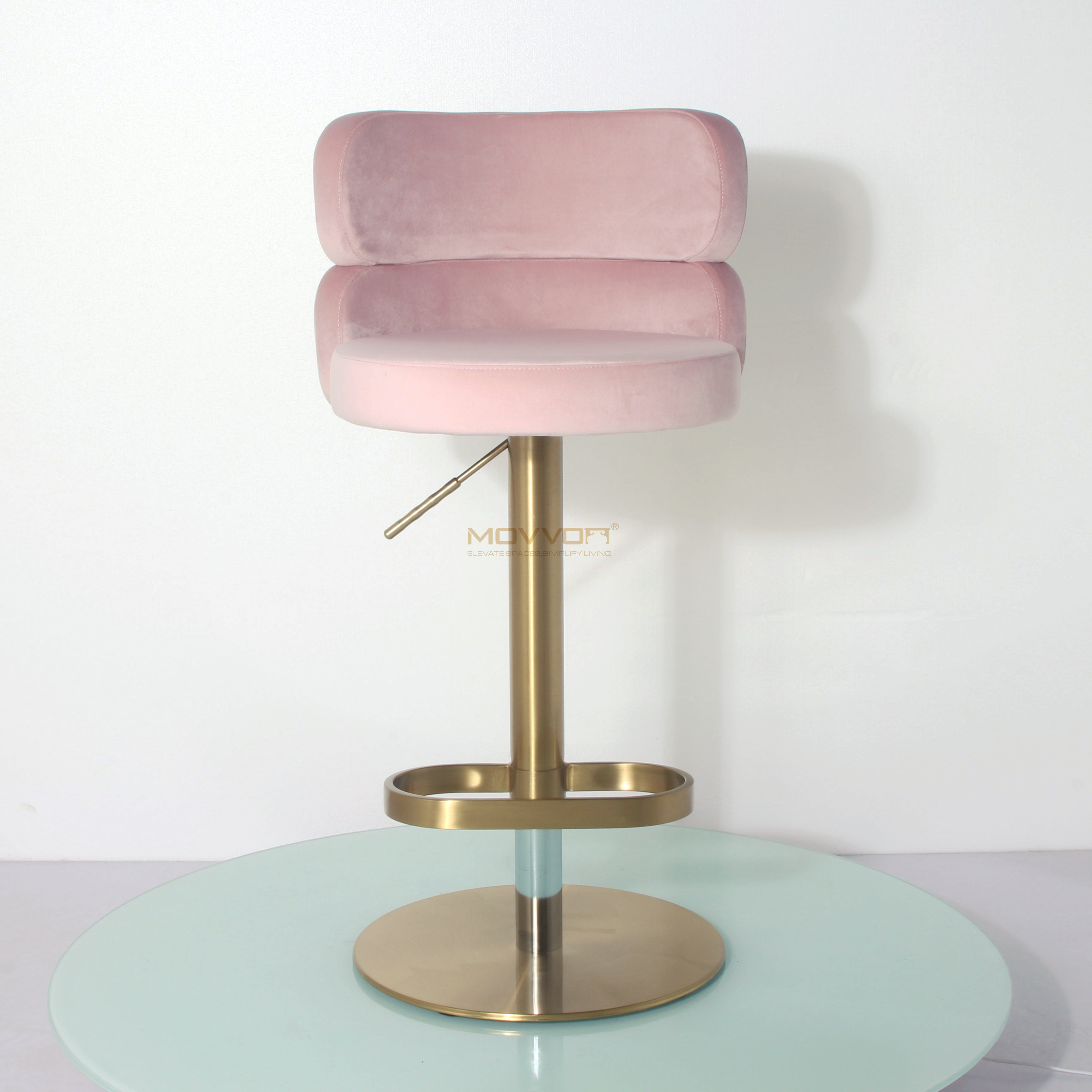 Pillow-Back Velvet Bar Stool with Oval Footrest and Gold Pedestal