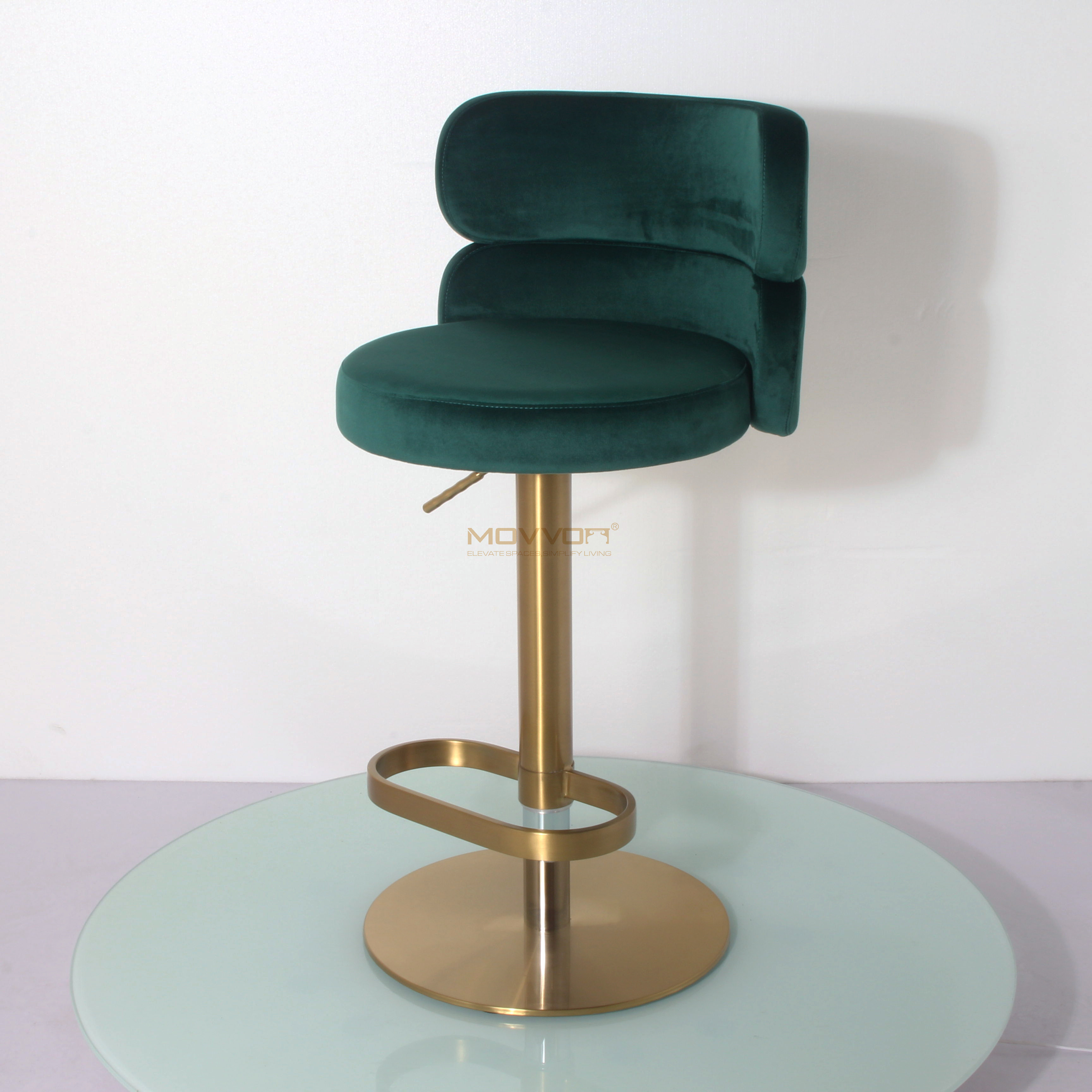 Pillow-Back Velvet Bar Stool with Oval Footrest and Gold Pedestal