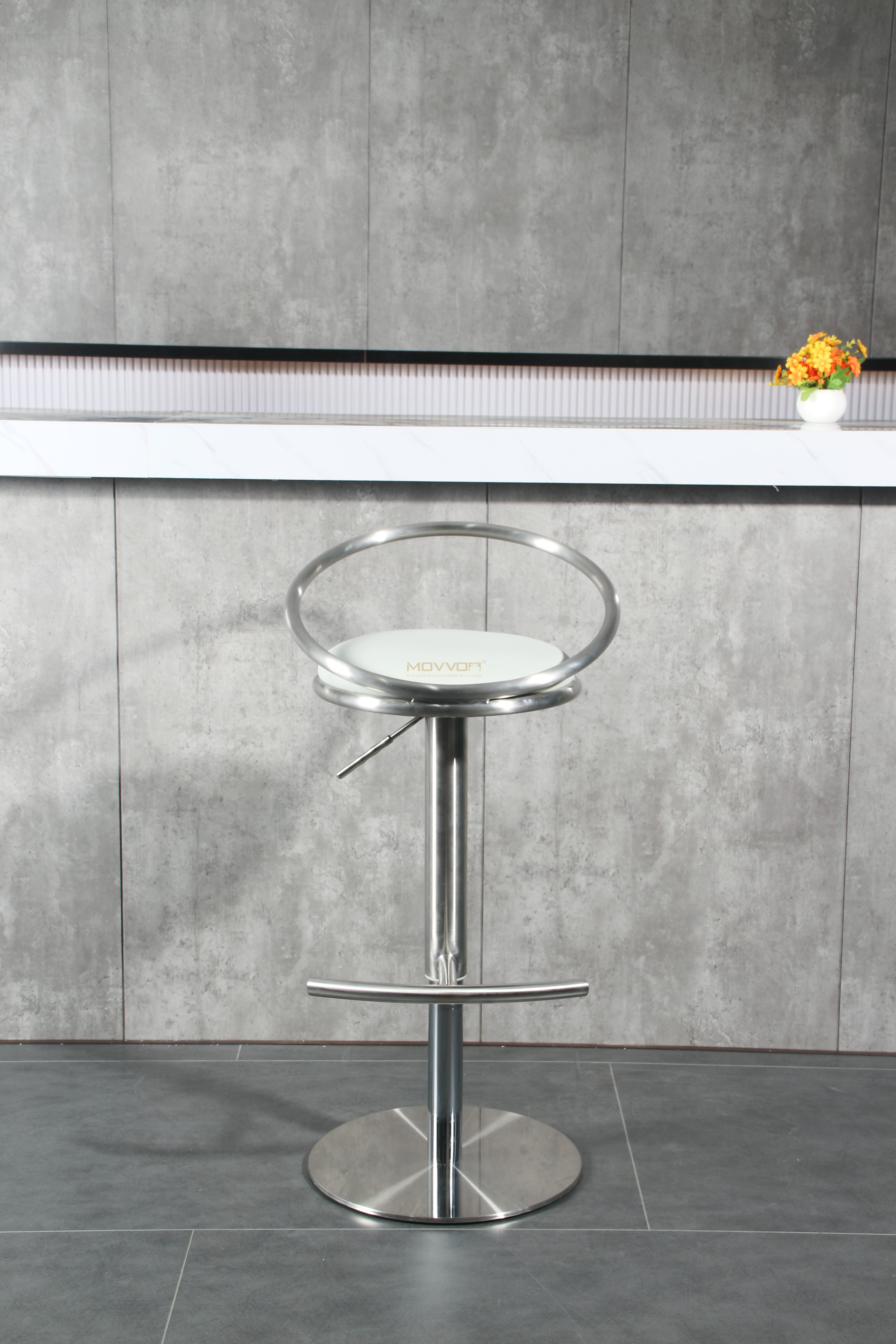Orbital Ring Back Bar Stool with Curved Footrest and Round Pedestal