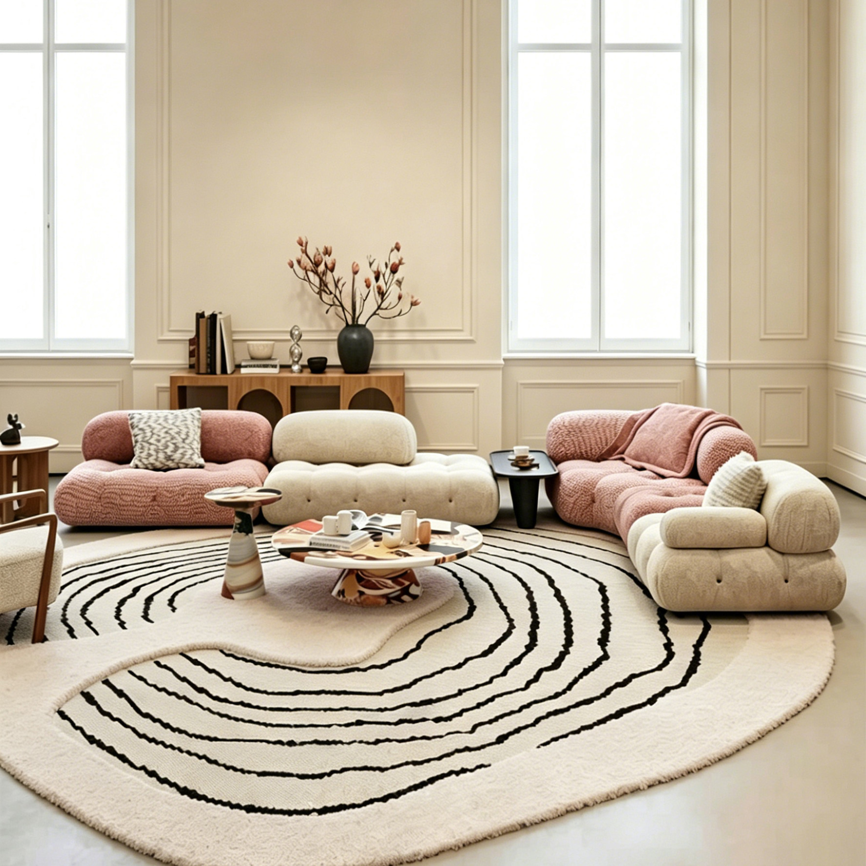 ​Pink-Ivory Tufted Block Modular Sofa for Low Lounge Interiors