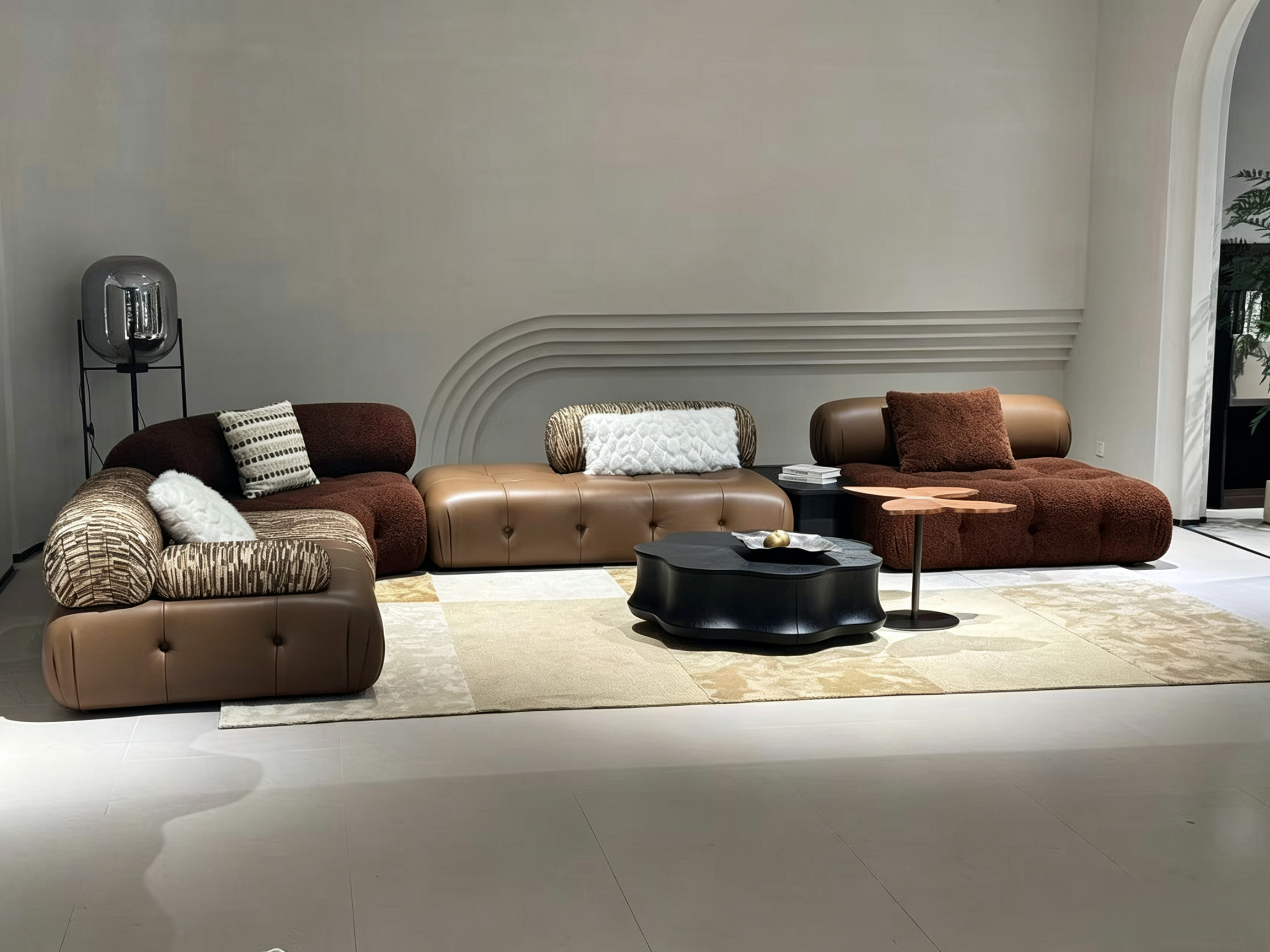 ​Pink-Ivory Tufted Block Modular Sofa for Low Lounge Interiors