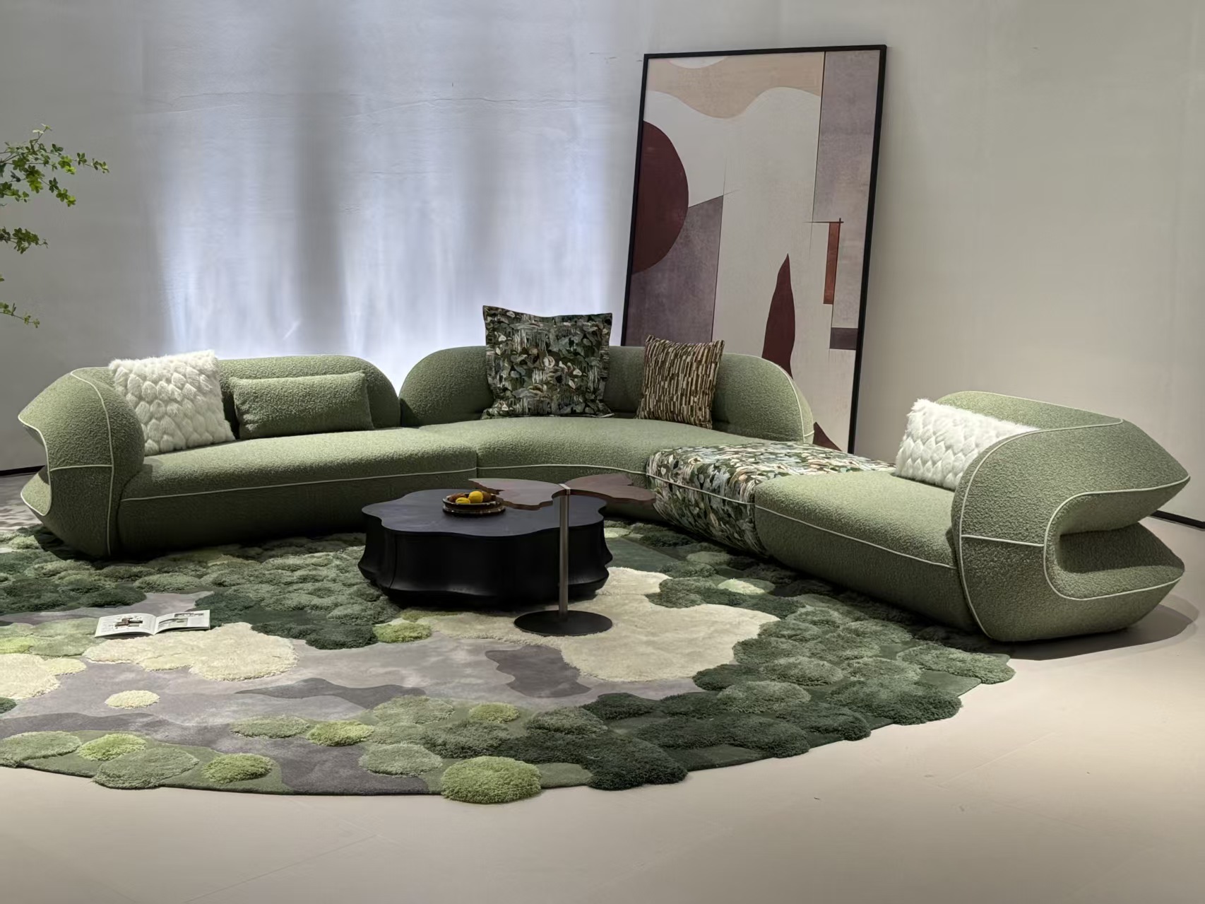 Olive Roll-Arm Lounge Sofa in Botanical Patchwork Upholstery