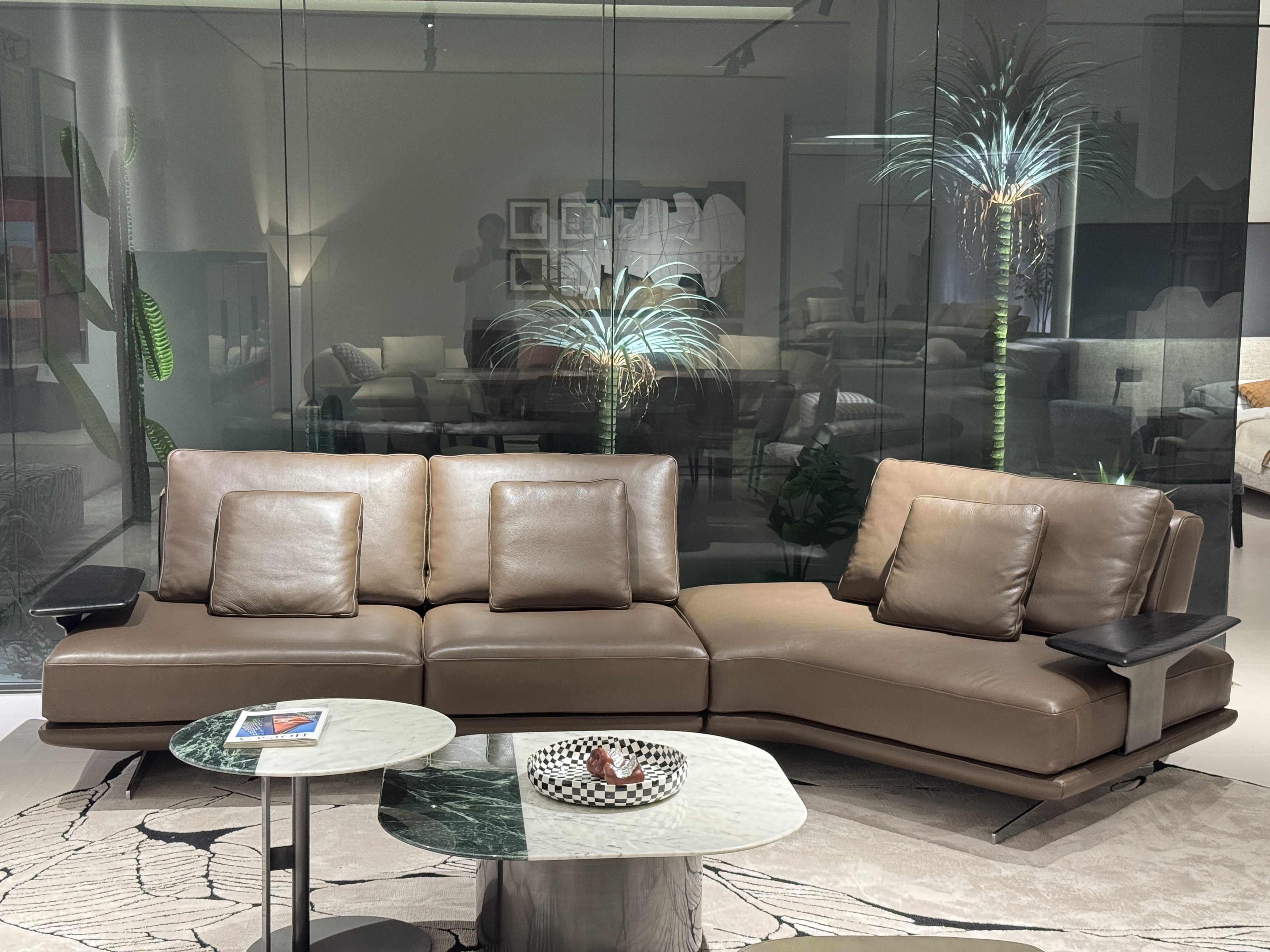 Brown Chaise Sofa System, Floating Metal Base and Side Tables