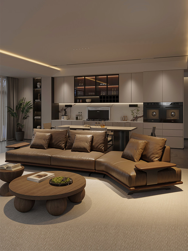 Brown Chaise Sofa System, Floating Metal Base and Side Tables