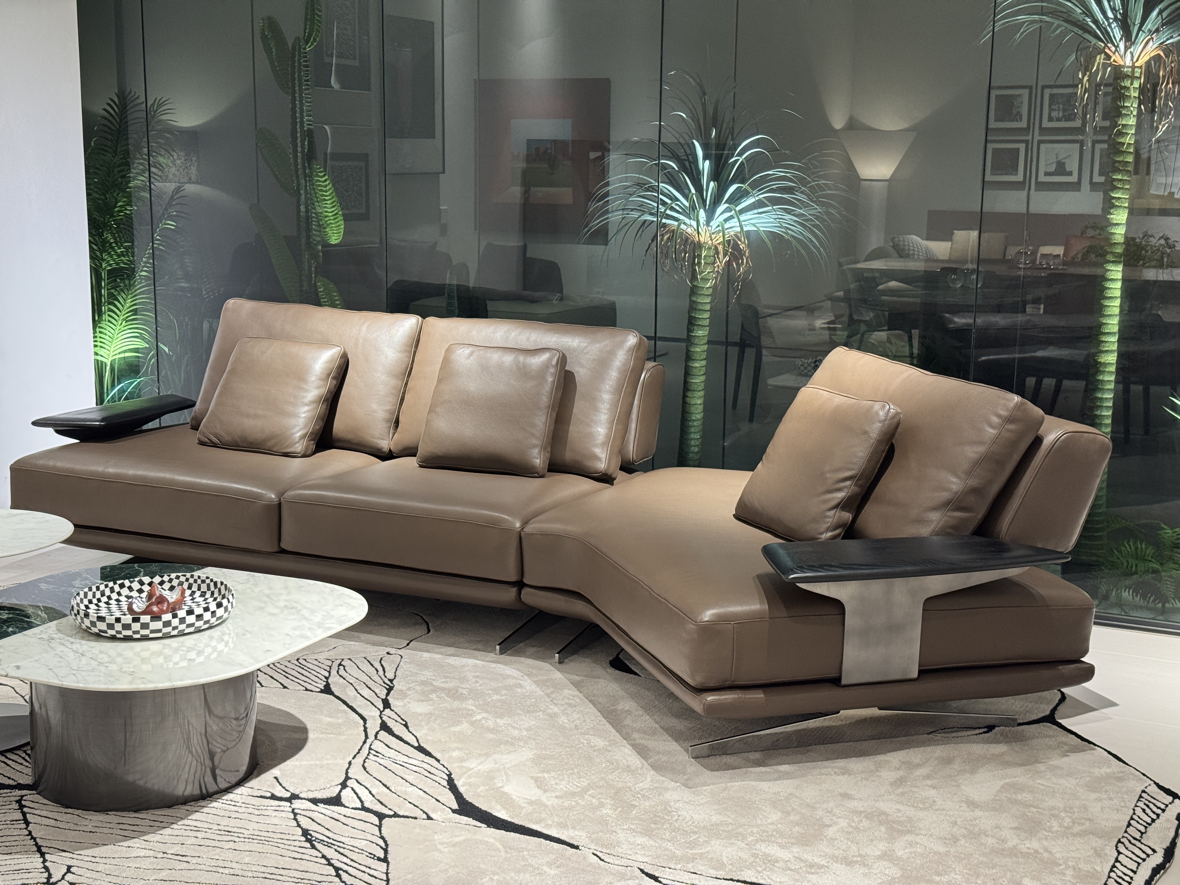 Brown Chaise Sofa System, Floating Metal Base and Side Tables