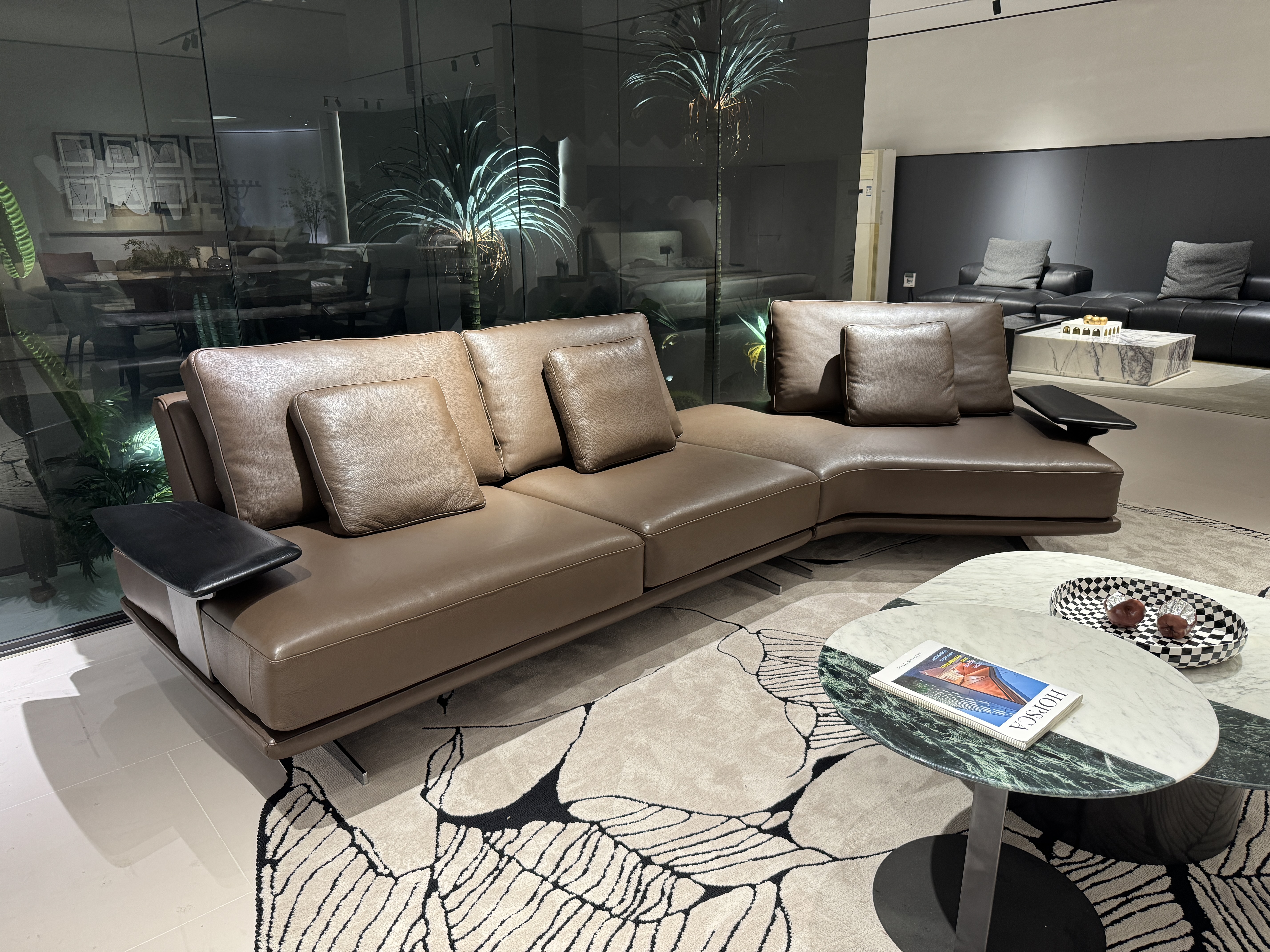 Brown Chaise Sofa System, Floating Metal Base and Side Tables
