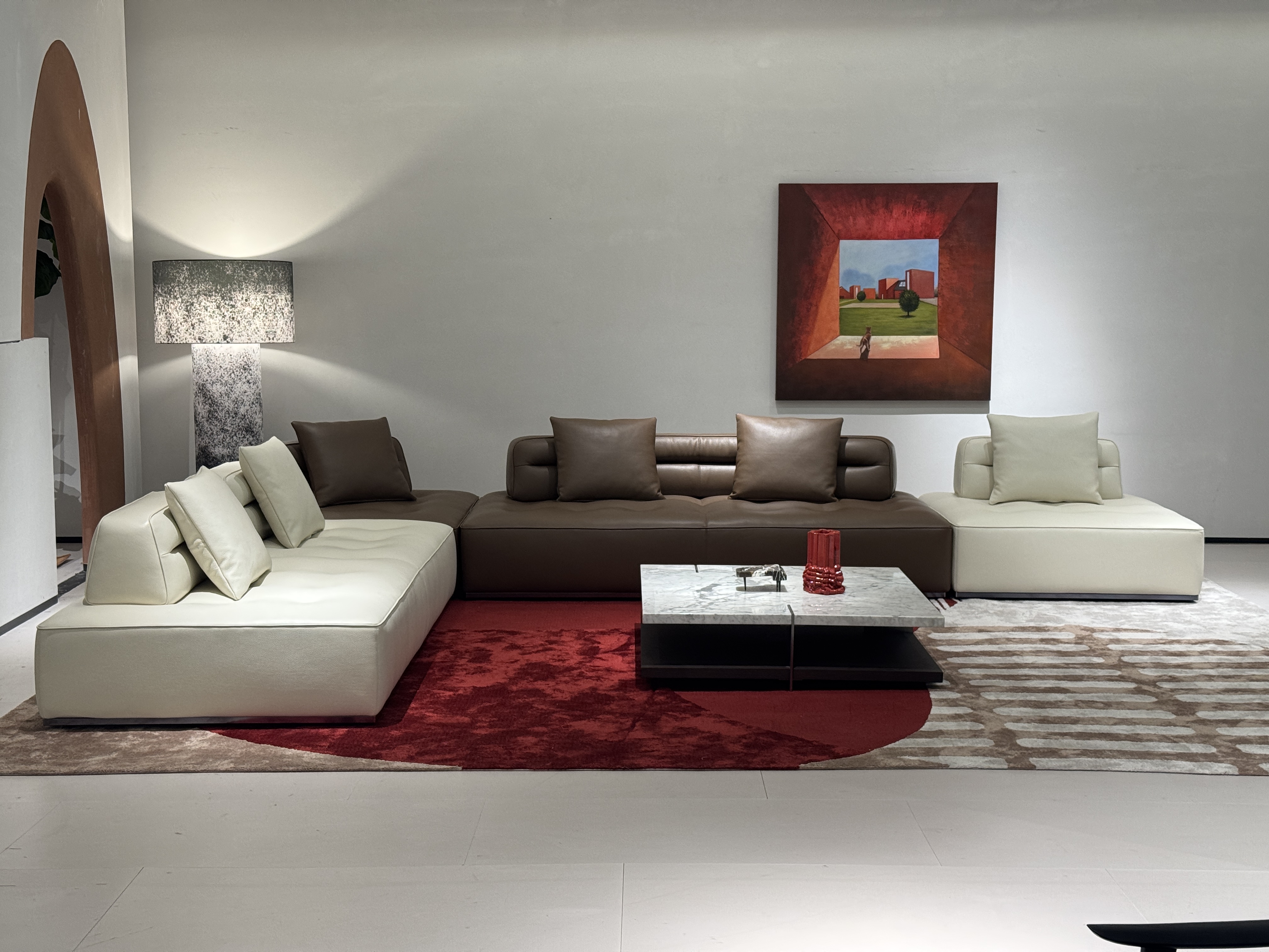 Two-Tone Grid Modular Sofa for Low Bench Lounge Layouts