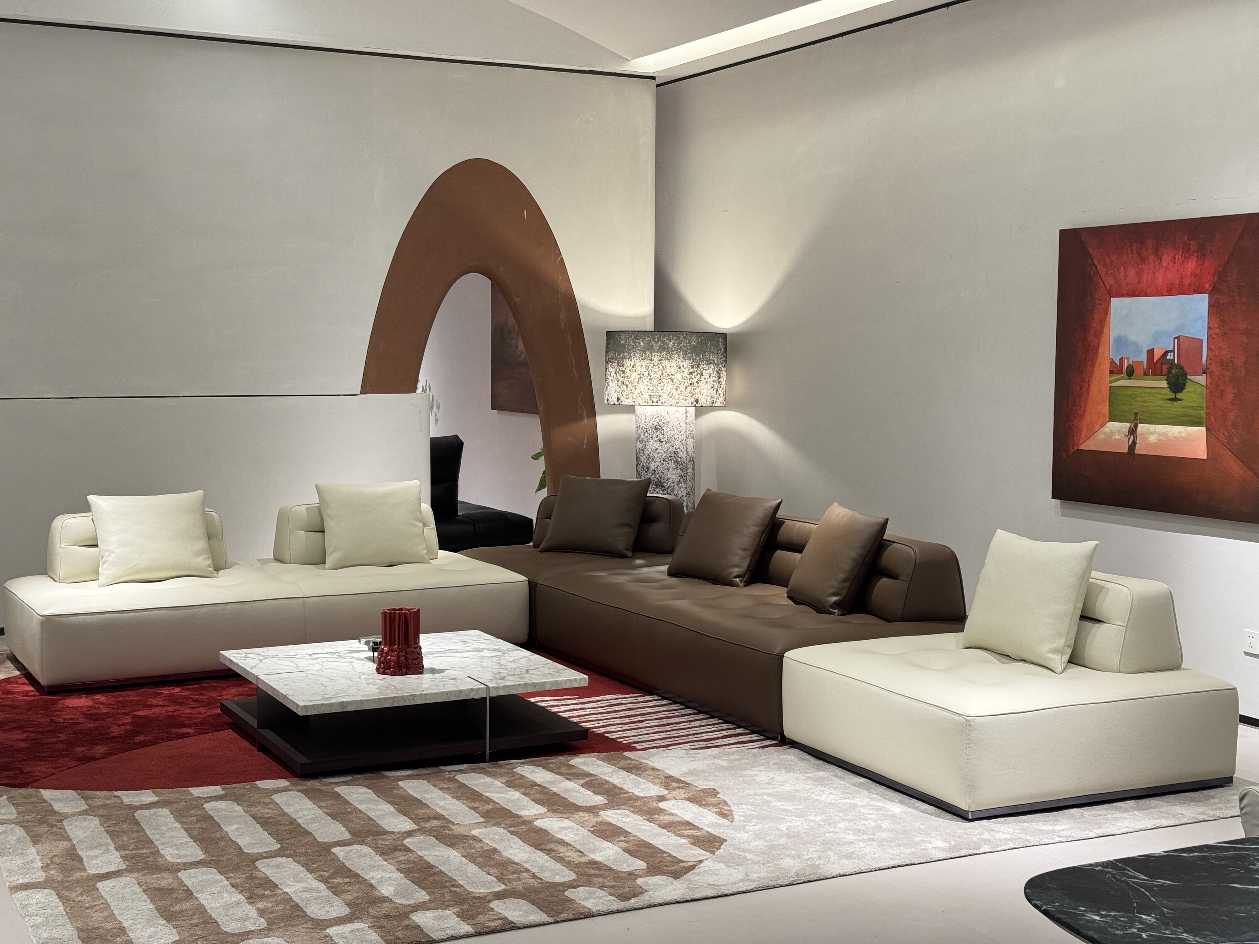 Two-Tone Grid Modular Sofa for Low Bench Lounge Layouts