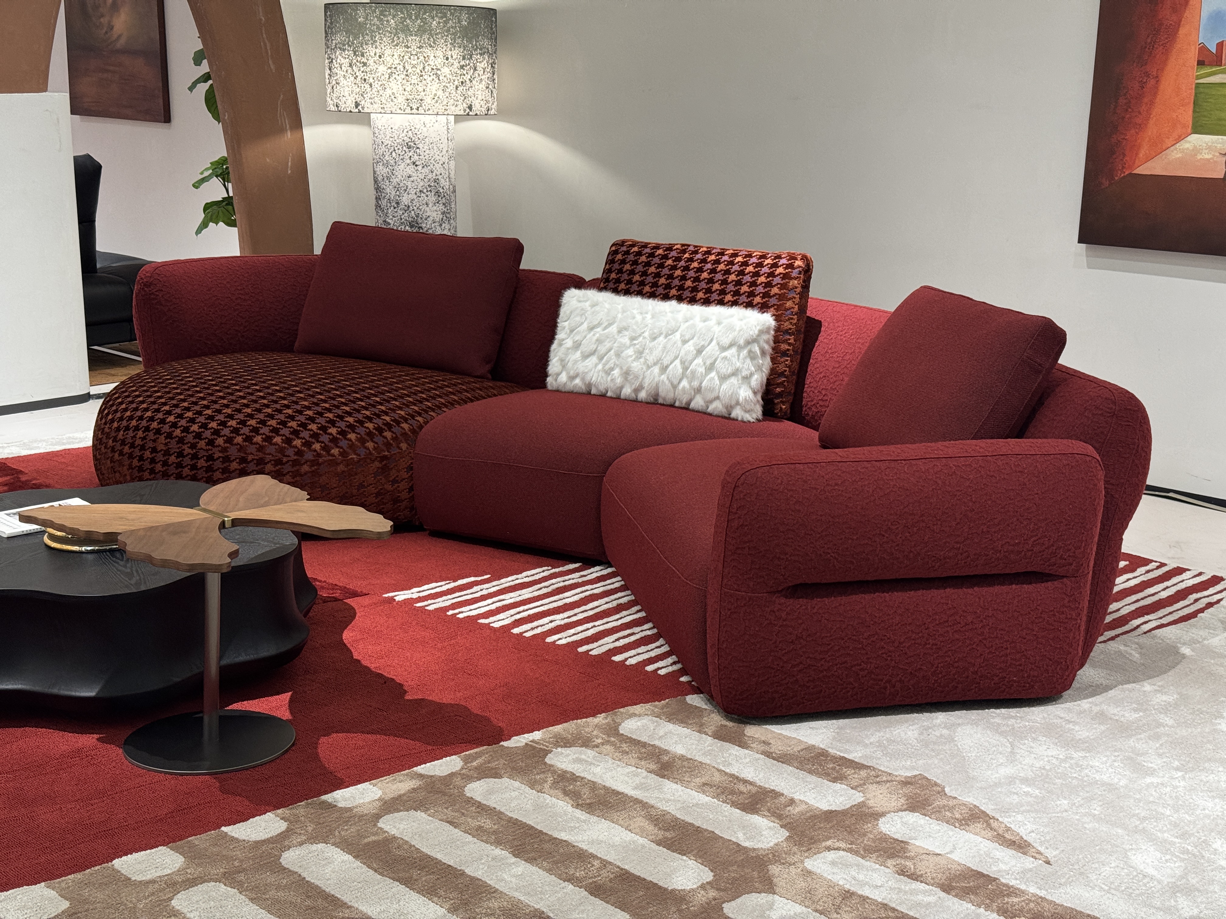Red Houndstooth Lounge Sofa, Rounded Arms and Oval Chaise