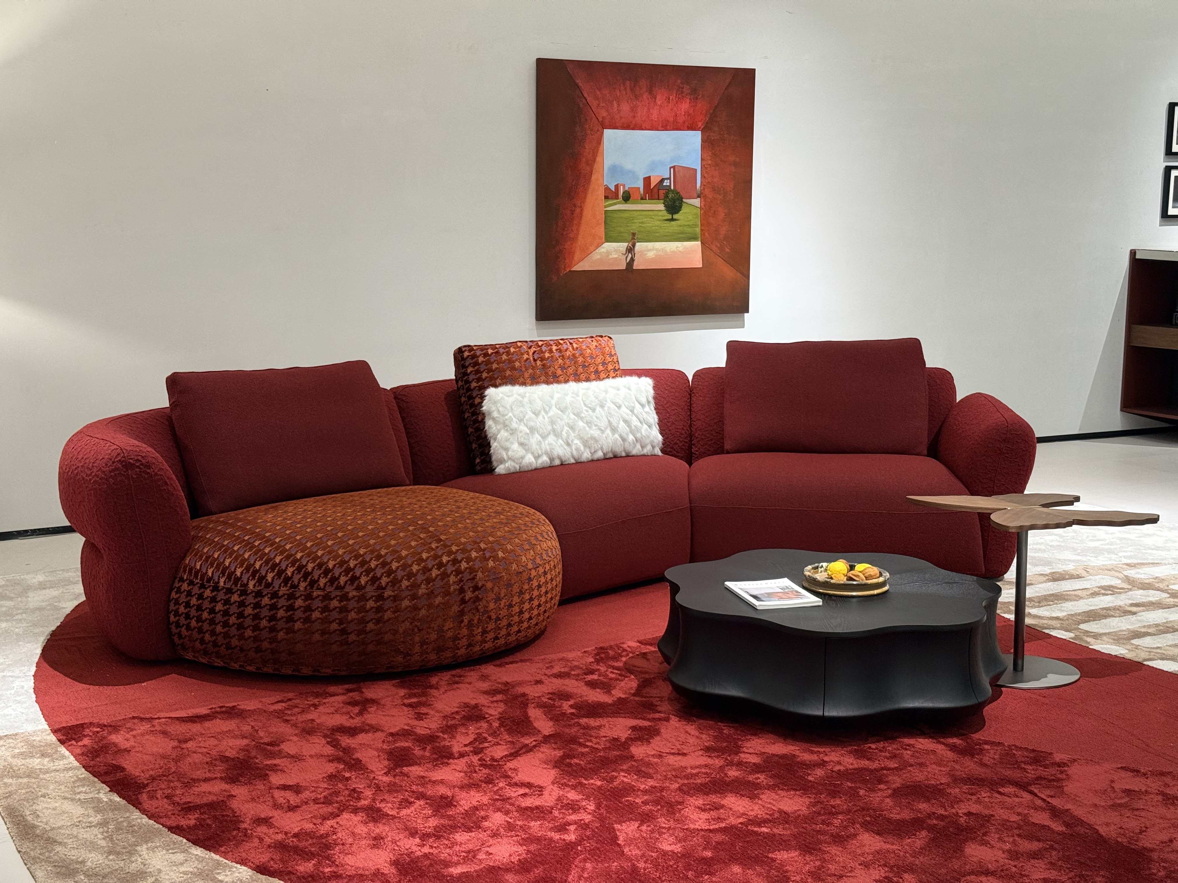 Red Houndstooth Lounge Sofa, Rounded Arms and Oval Chaise
