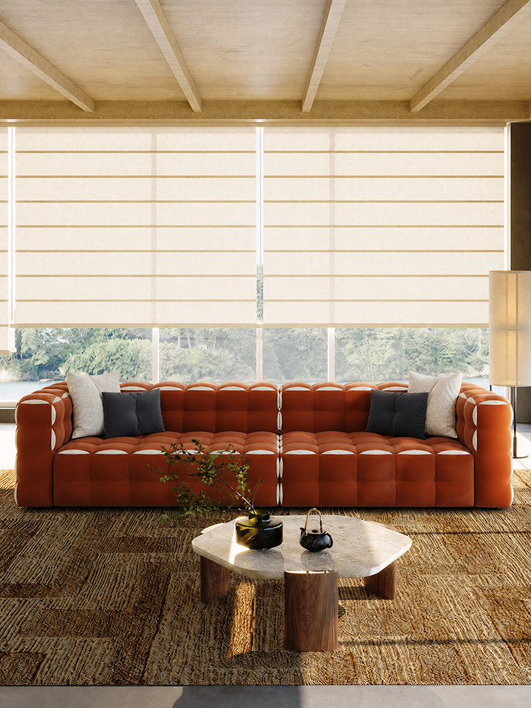 Caramel Grid-Tufted Lounge Sofa, White Crescent Edge Detail